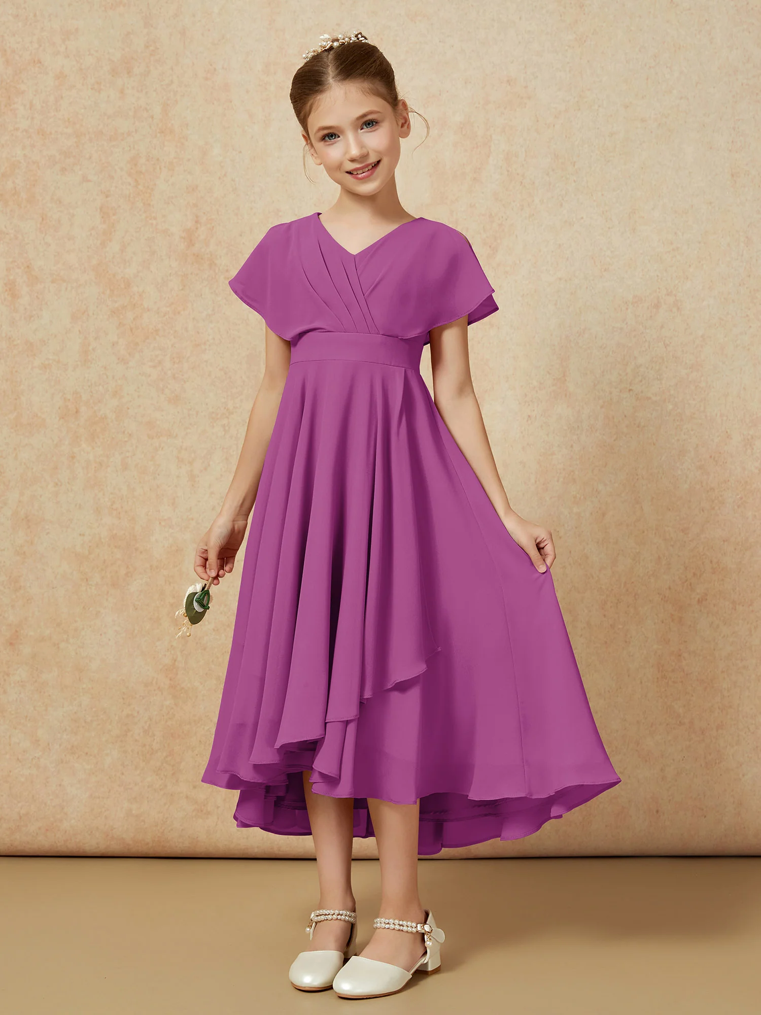 V-neck Chiffon Asymmetrical Junior Bridesmaid Dresses Orchid - Image 5
