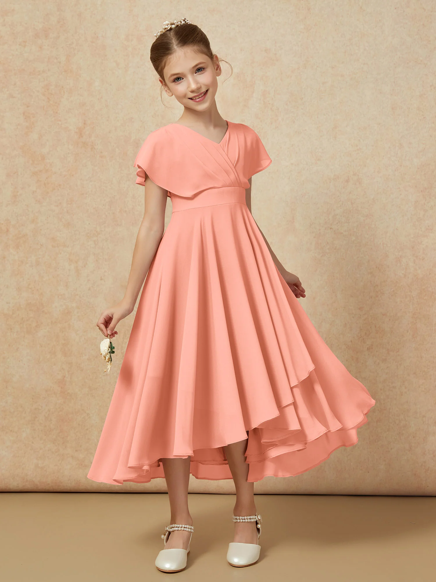 V-neck Chiffon Asymmetrical Junior Bridesmaid Dresses Papaya - Image 6