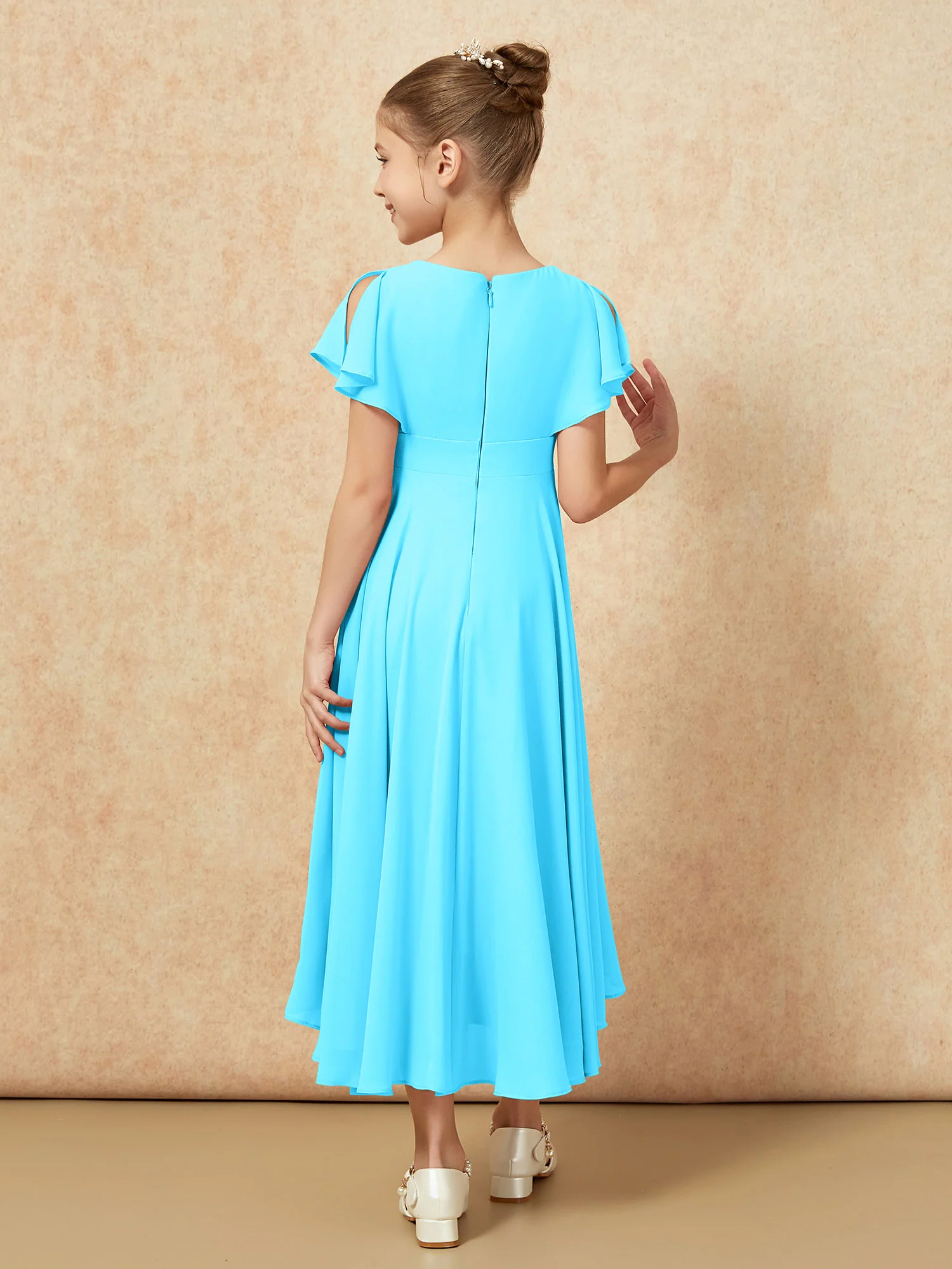 V-neck Chiffon Asymmetrical Junior Bridesmaid Dresses Pool - Image 2