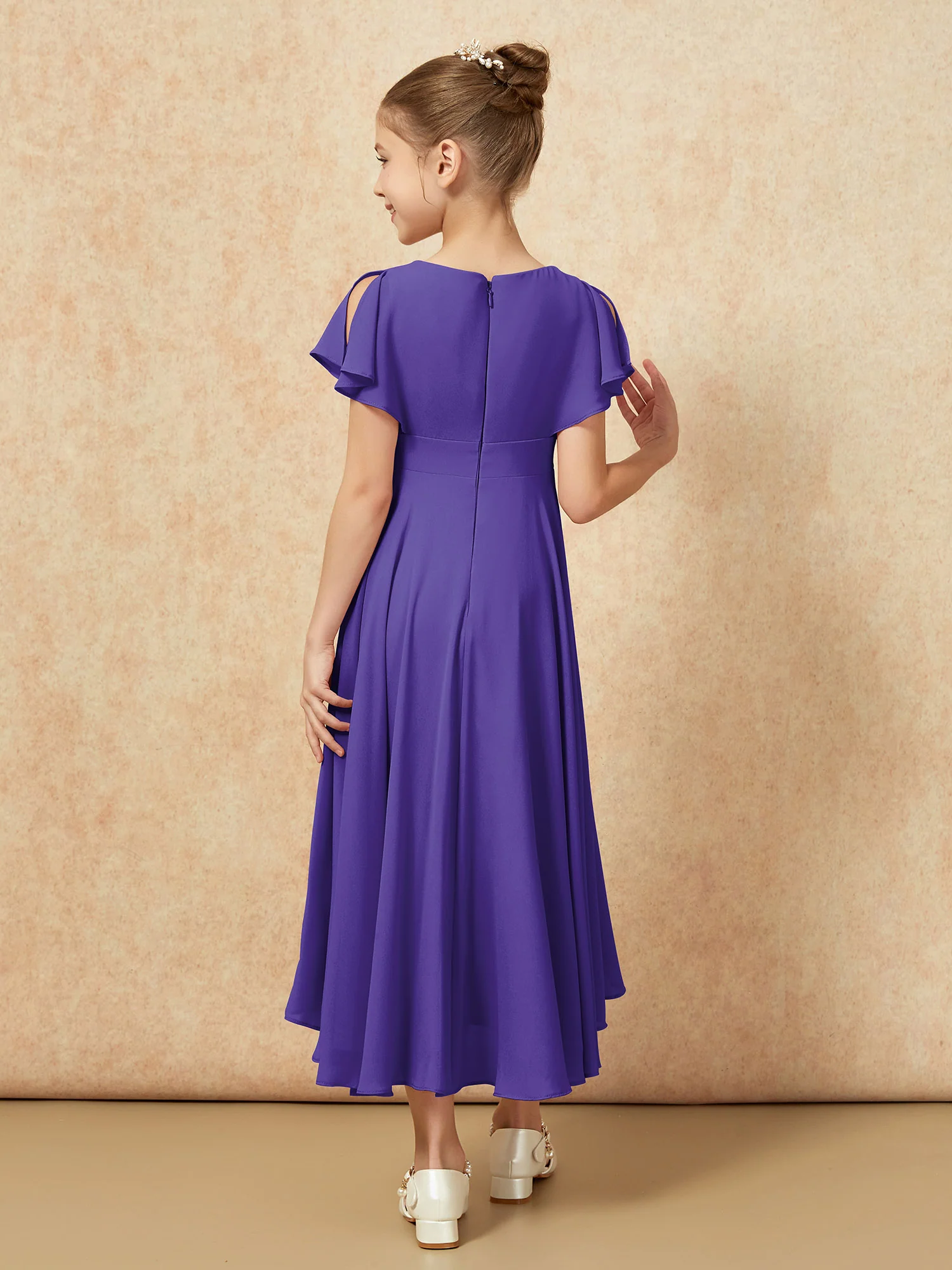 V-neck Chiffon Asymmetrical Junior Bridesmaid Dresses Regency - Image 2