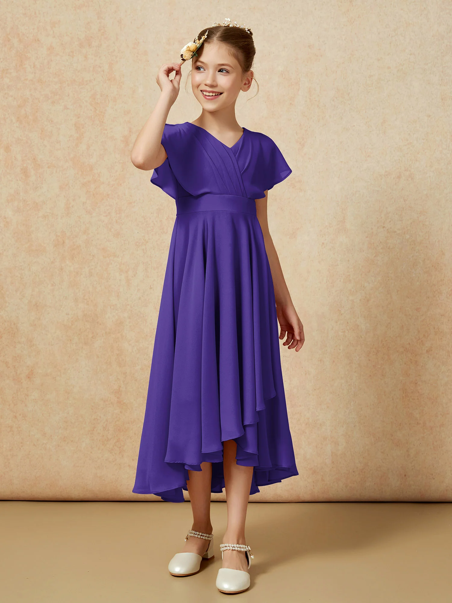 V-neck Chiffon Asymmetrical Junior Bridesmaid Dresses Regency - Image 3