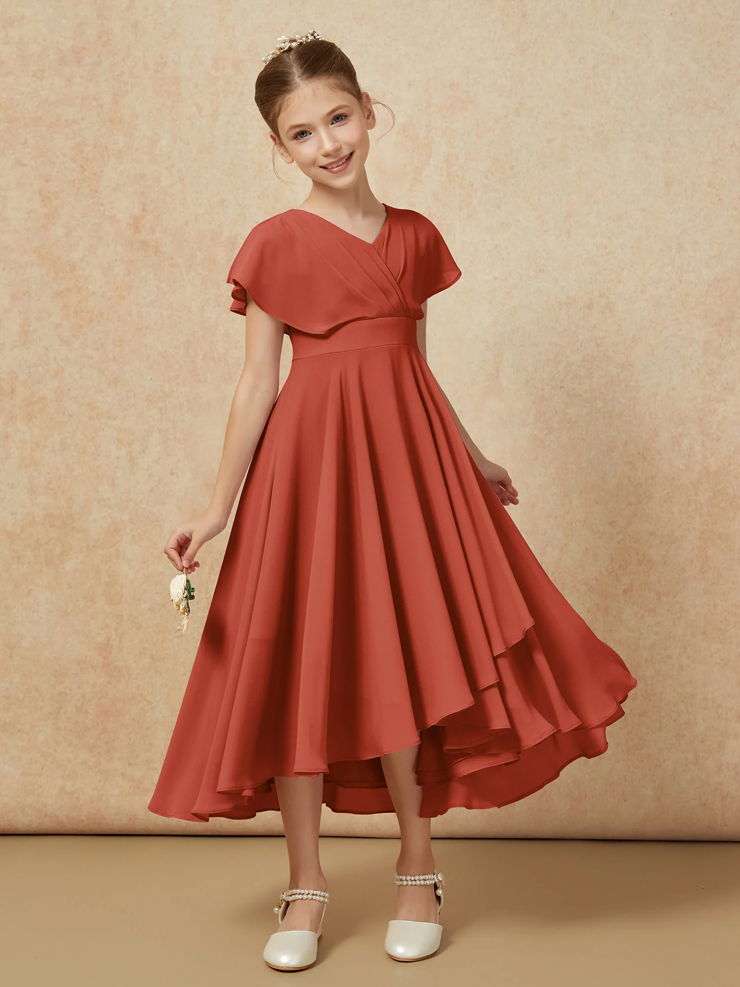 V-neck Chiffon Asymmetrical Junior Bridesmaid Dresses Rust - Image 6