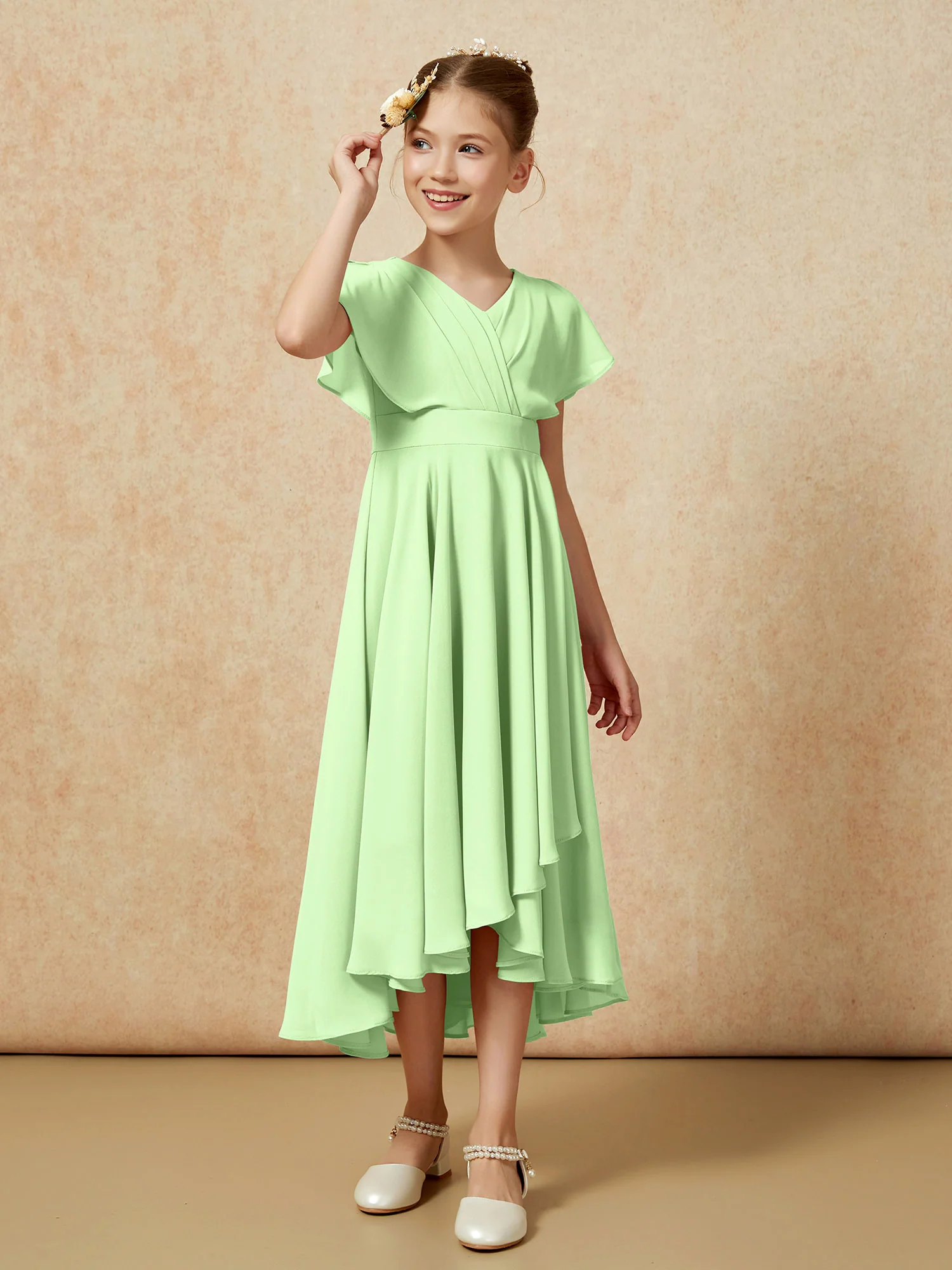 V-neck Chiffon Asymmetrical Junior Bridesmaid Dresses Sage - Image 3