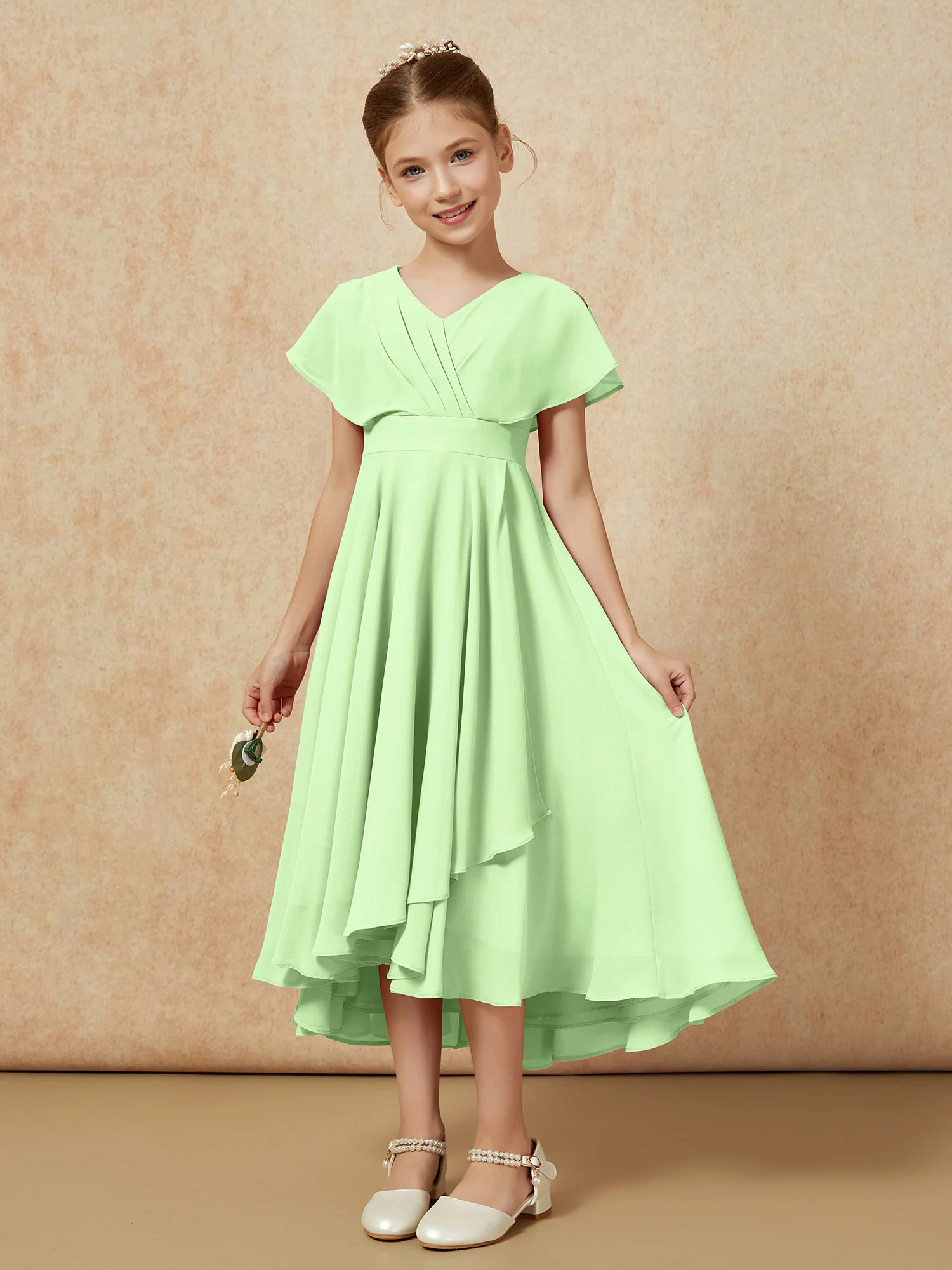V-neck Chiffon Asymmetrical Junior Bridesmaid Dresses Sage - Image 5