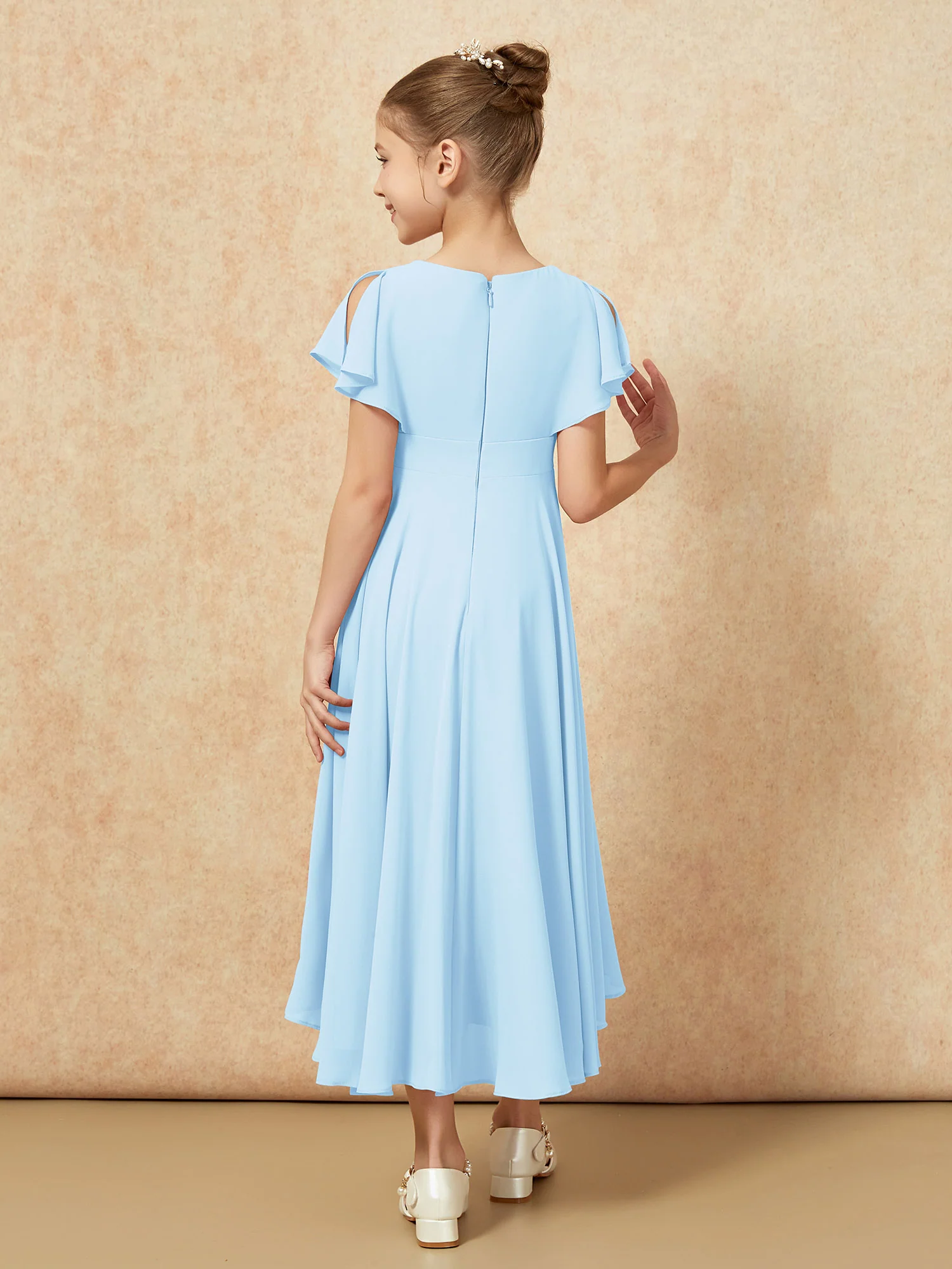 V-neck Chiffon Asymmetrical Junior Bridesmaid Dresses Sky Blue - Image 2