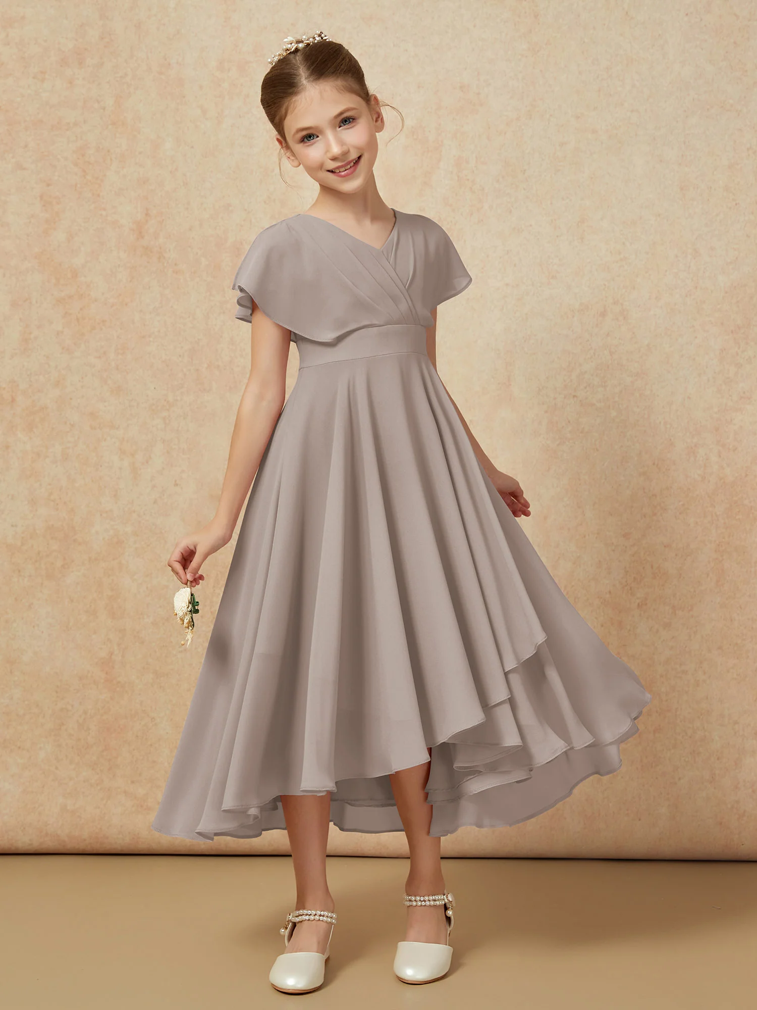 V-neck Chiffon Asymmetrical Junior Bridesmaid Dresses Taupe - Image 6