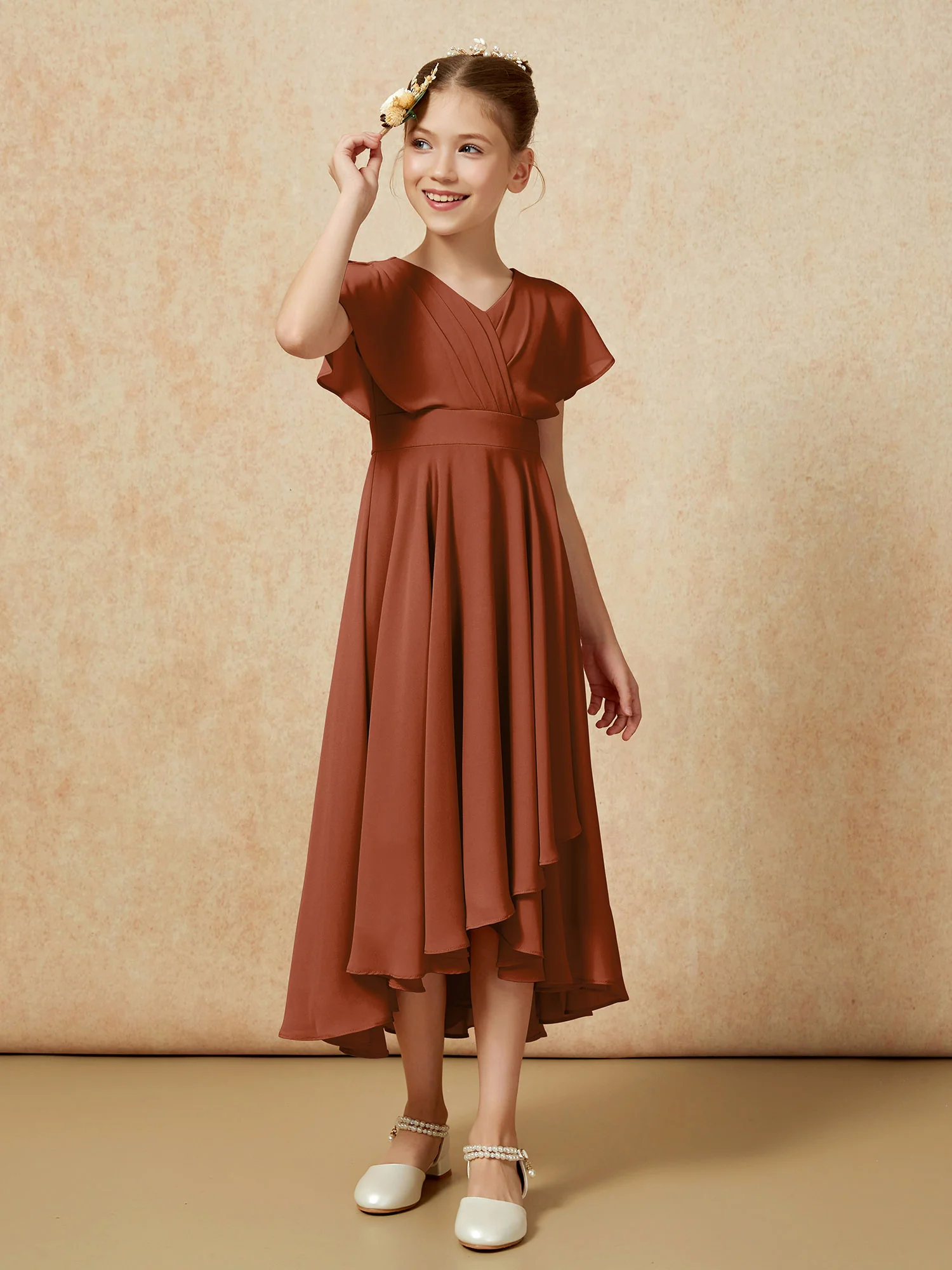 V-neck Chiffon Asymmetrical Junior Bridesmaid Dresses Terracotta - Image 3