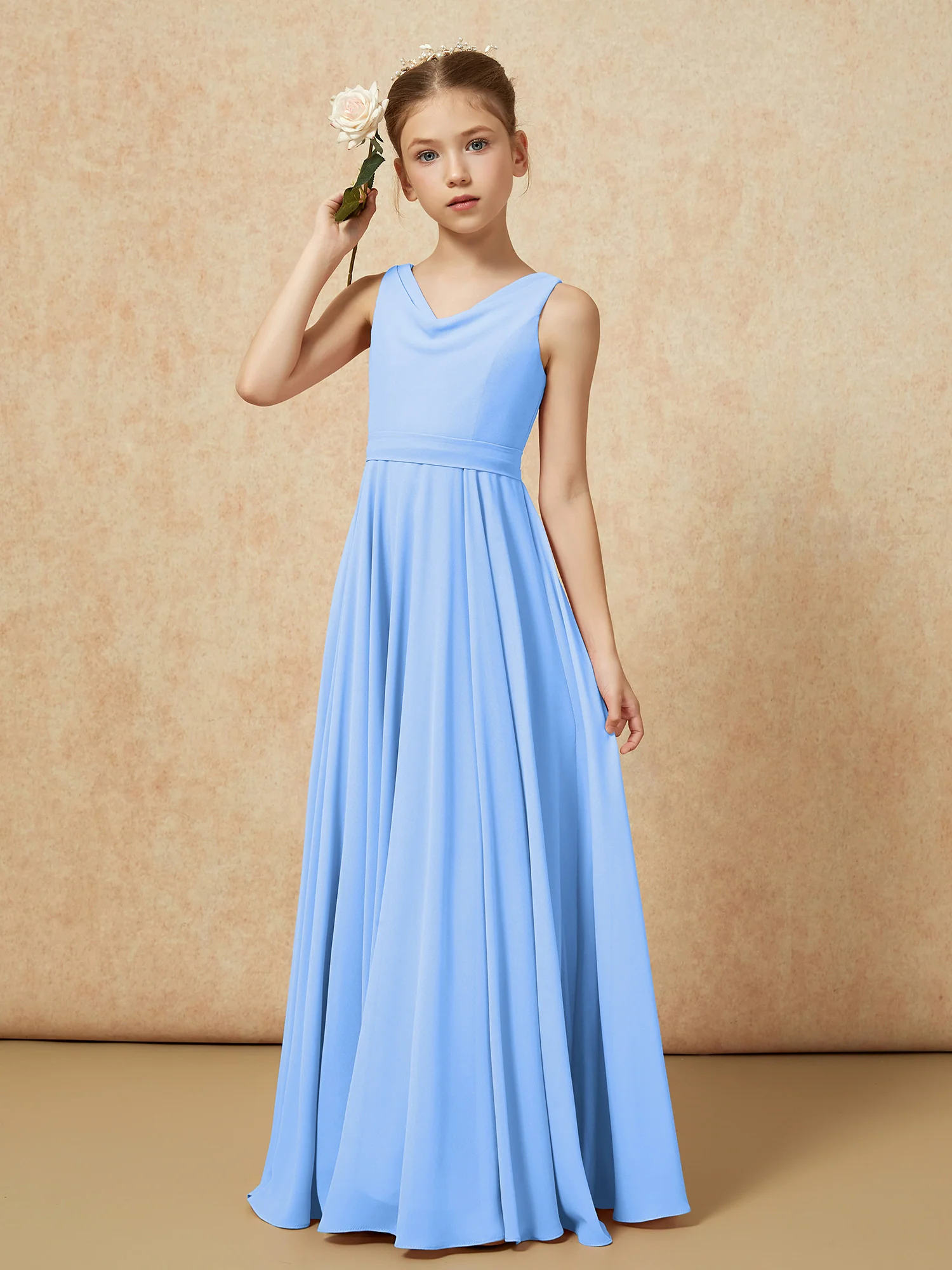 V-neck Chiffon Long Junior Bridesmaid Dress With Belt Blue - Image 4