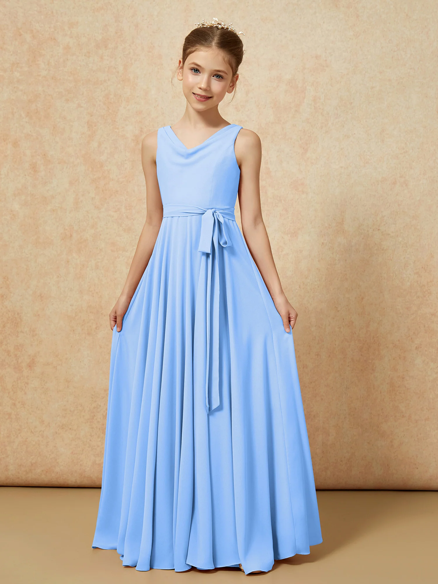 V-neck Chiffon Long Junior Bridesmaid Dress With Belt Blue - Image 5
