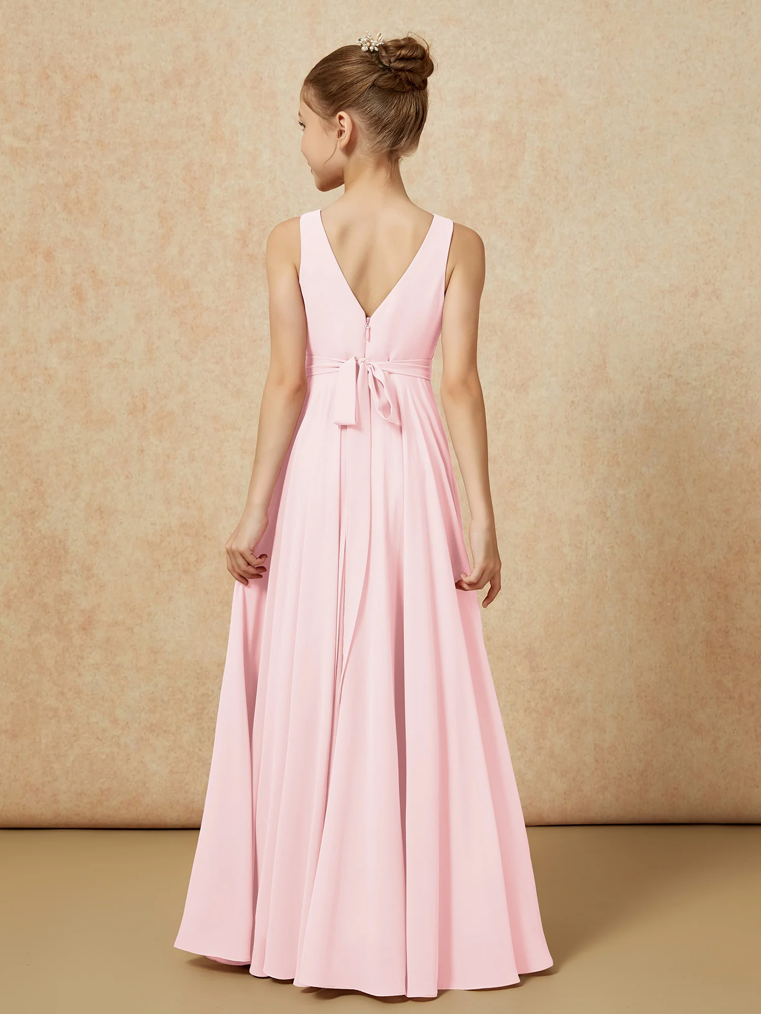 V-neck Chiffon Long Junior Bridesmaid Dress With Belt Blushing Pink - Image 2