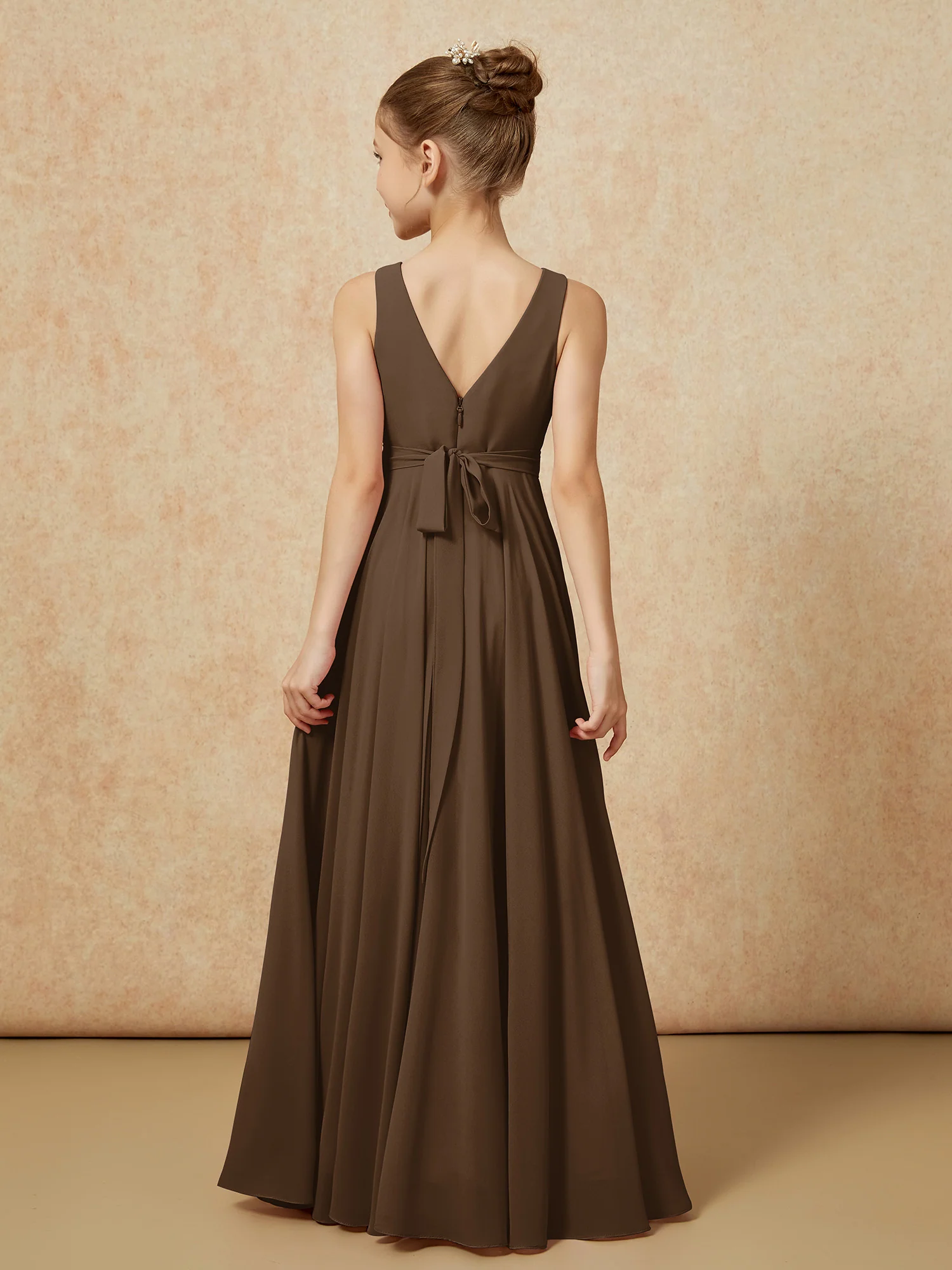V-neck Chiffon Long Junior Bridesmaid Dress With Belt Brown - Image 2