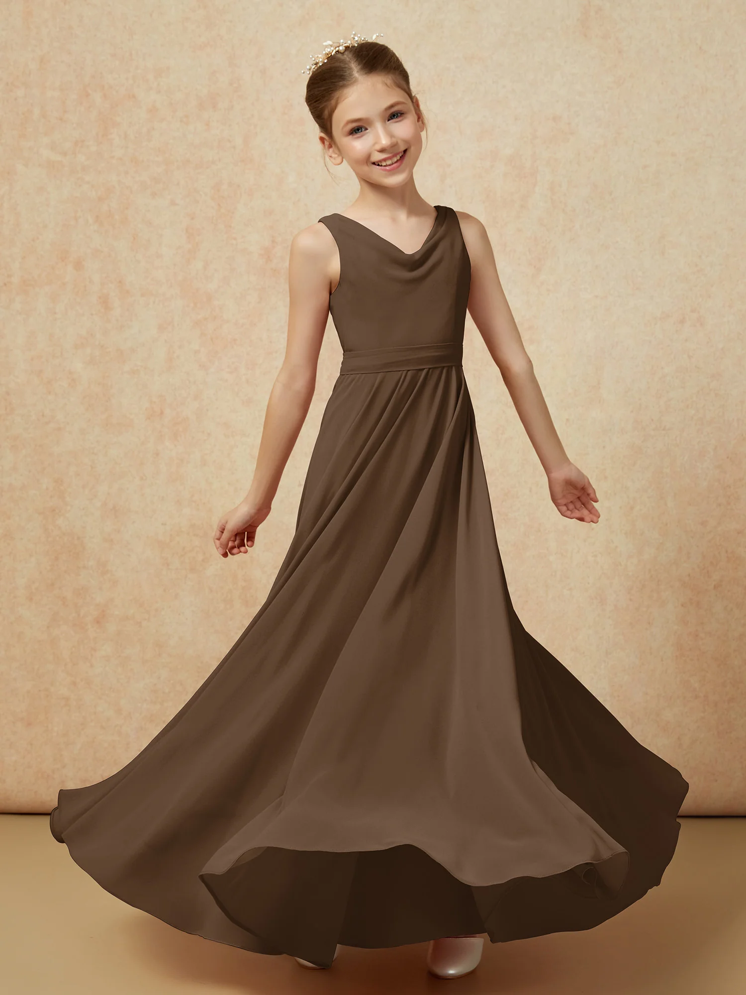 V-neck Chiffon Long Junior Bridesmaid Dress With Belt Brown - Image 6