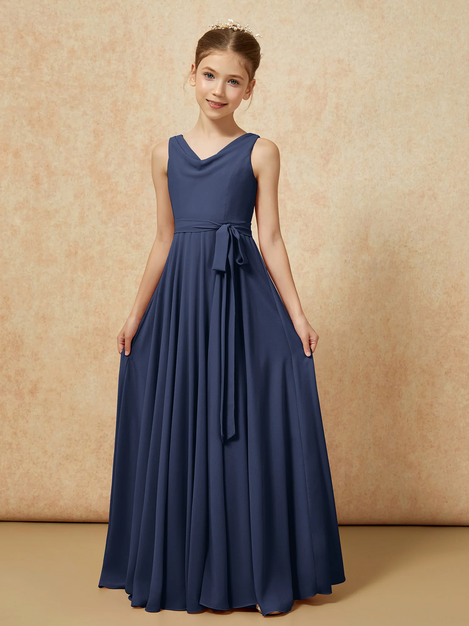 V-neck Chiffon Long Junior Bridesmaid Dress With Belt Dark Navy - Image 5