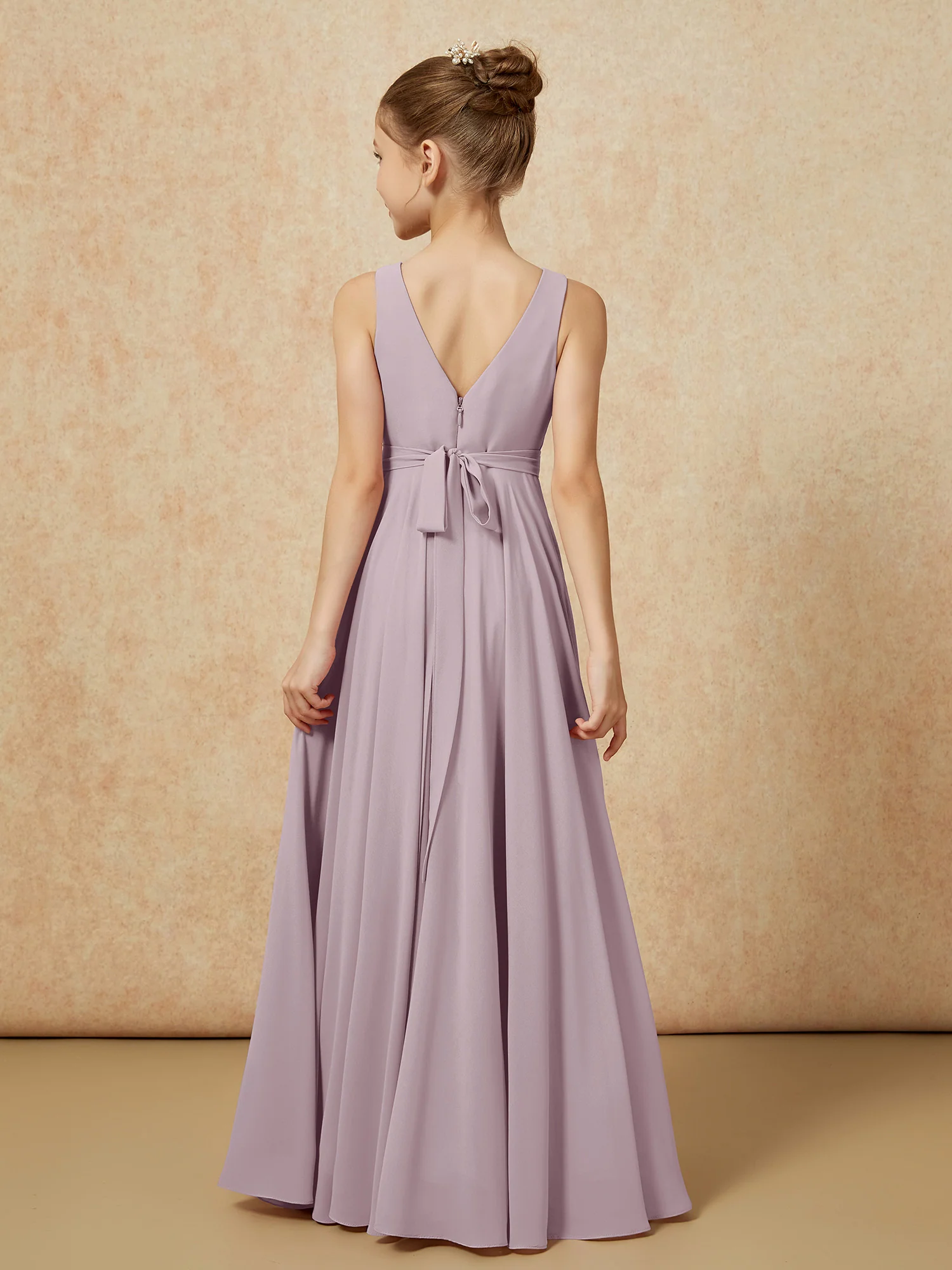 V-neck Chiffon Long Junior Bridesmaid Dress With Belt Dusk - Image 2