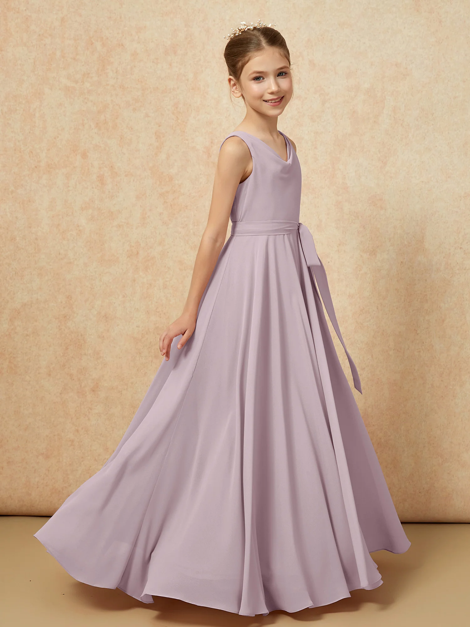 V-neck Chiffon Long Junior Bridesmaid Dress With Belt Dusk - Image 3