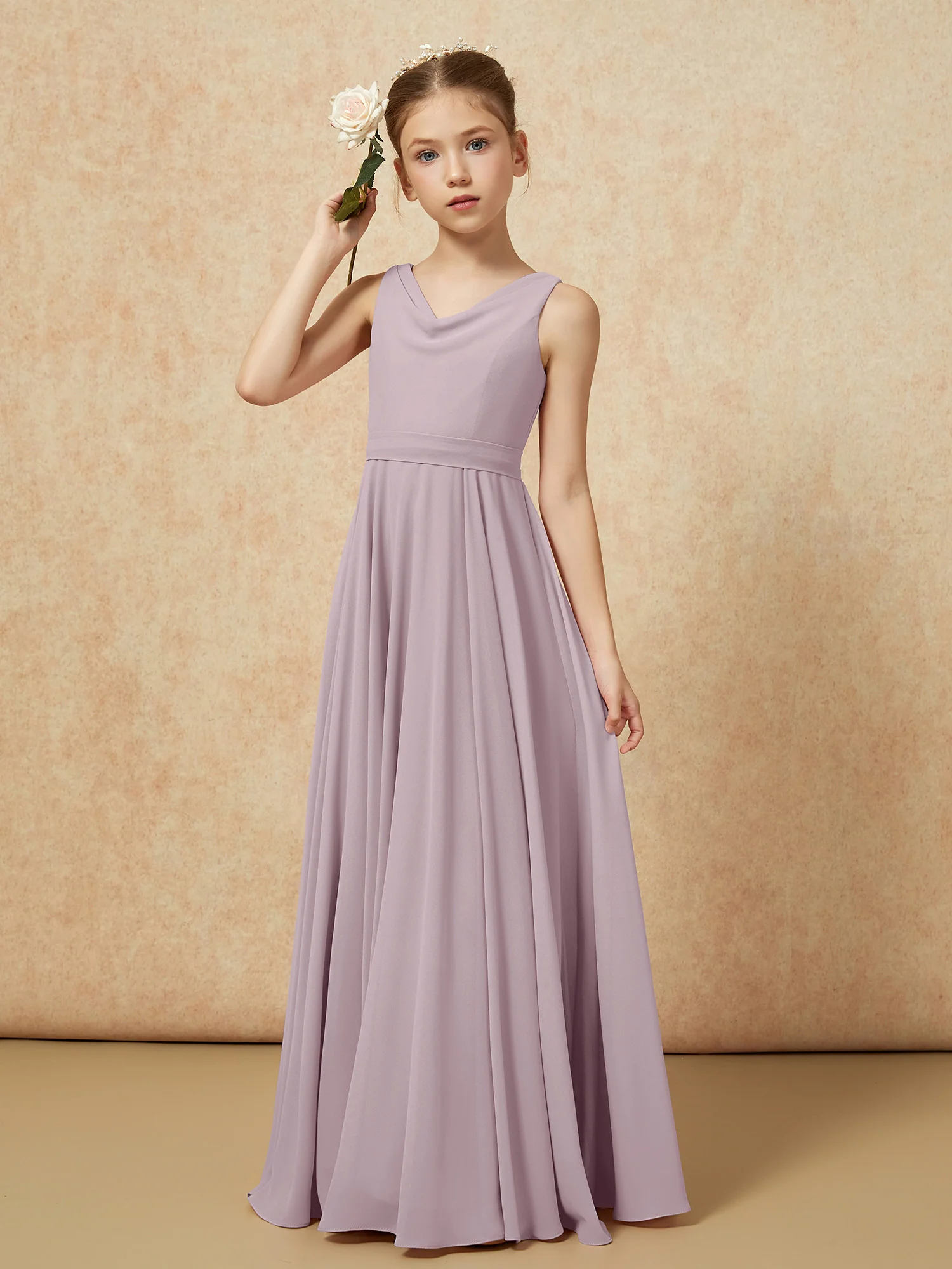 V-neck Chiffon Long Junior Bridesmaid Dress With Belt Dusk - Image 4