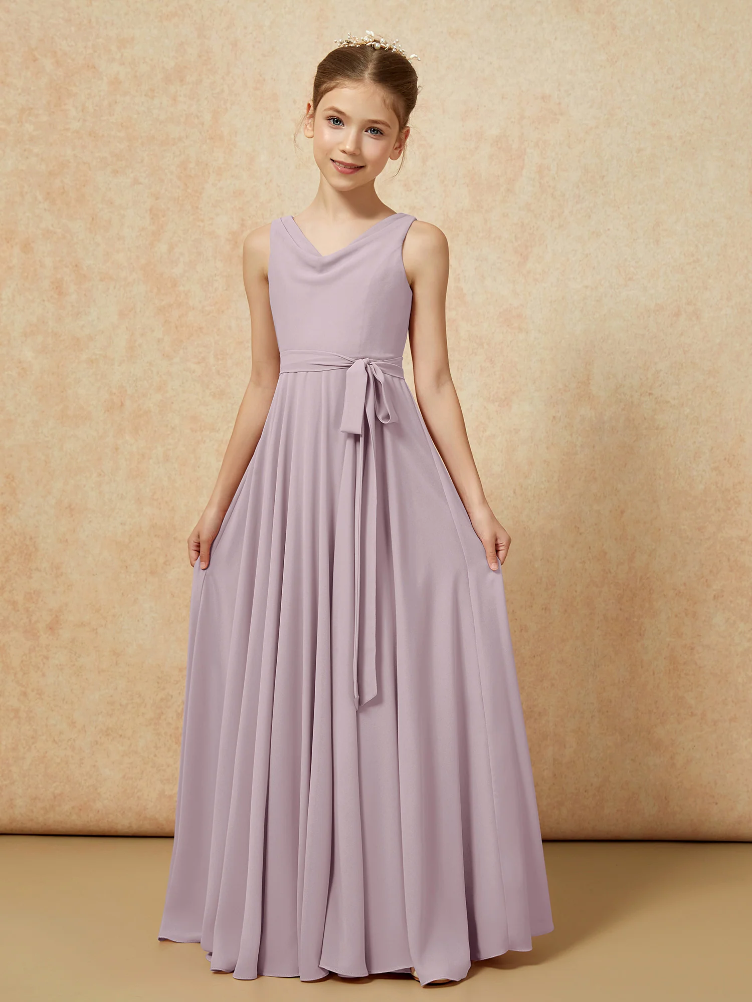 V-neck Chiffon Long Junior Bridesmaid Dress With Belt Dusk - Image 5