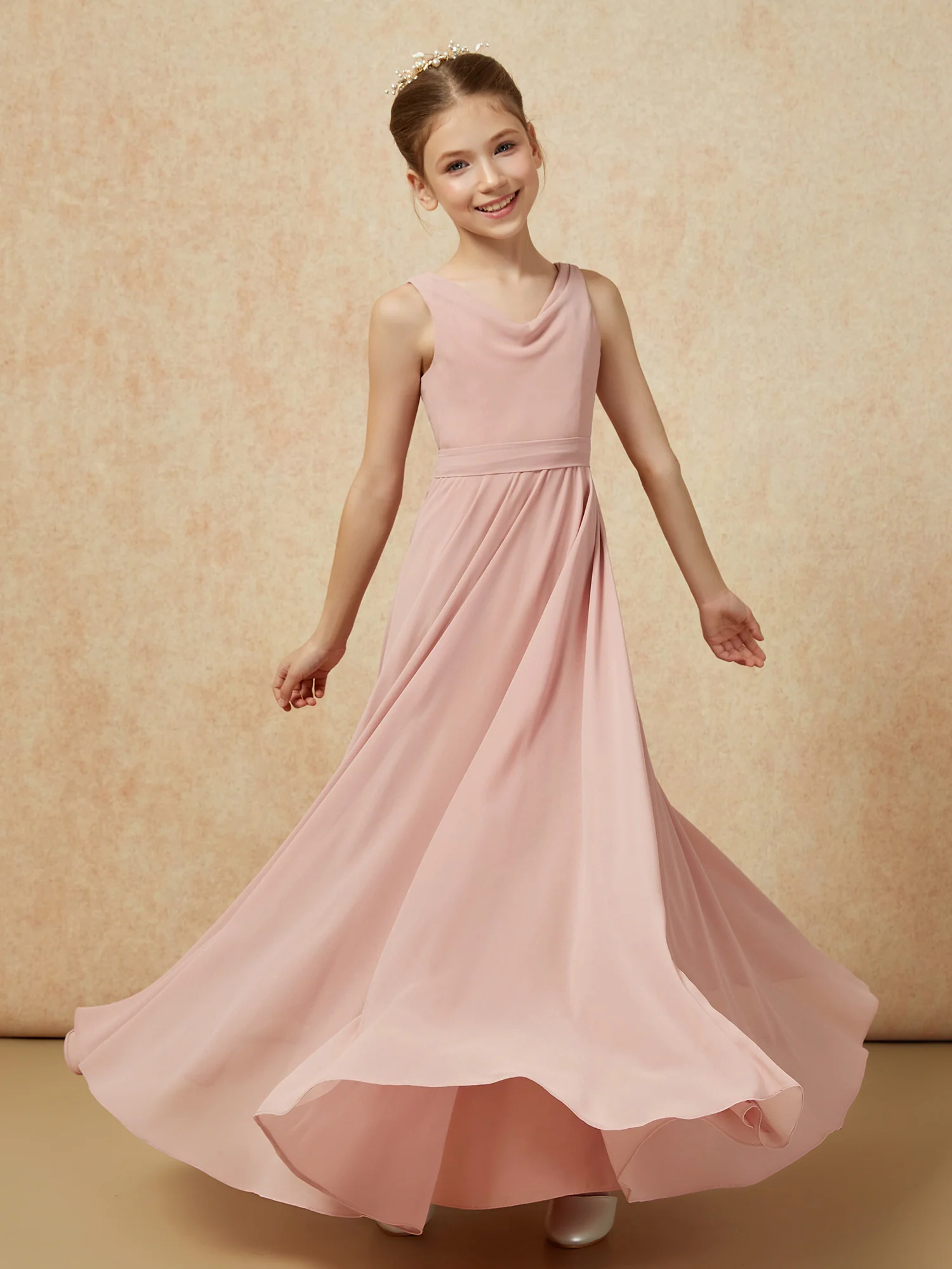 V-neck Chiffon Long Junior Bridesmaid Dress With Belt Dusty Rose - Image 6