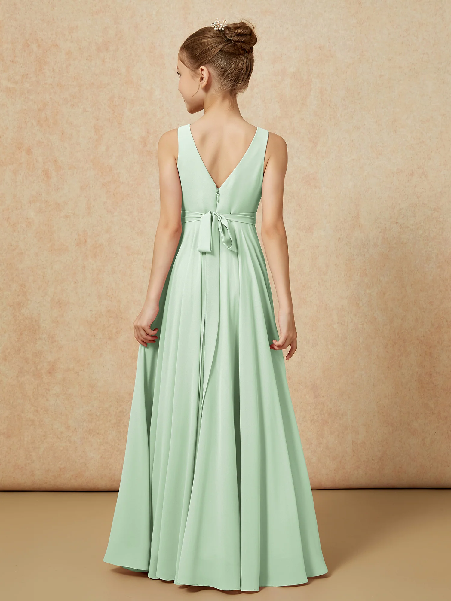 V-neck Chiffon Long Junior Bridesmaid Dress With Belt Dusty Sage - Image 2