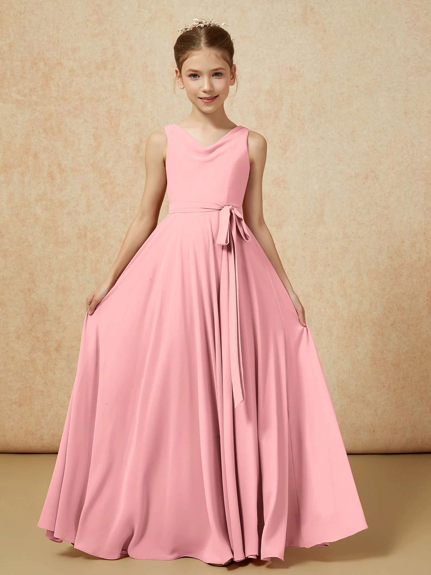 V-neck Chiffon Long Junior Bridesmaid Dress With Belt Flamingo