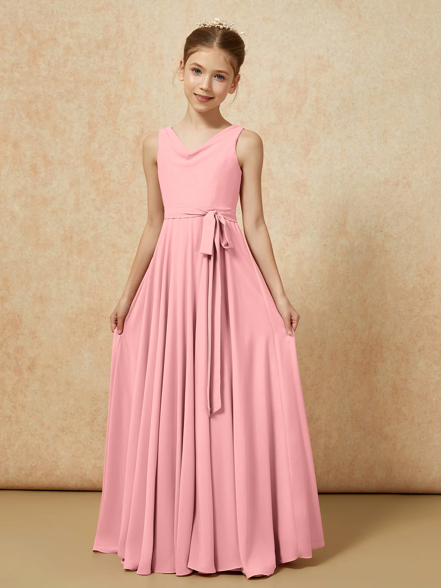 V-neck Chiffon Long Junior Bridesmaid Dress With Belt Flamingo - Image 5