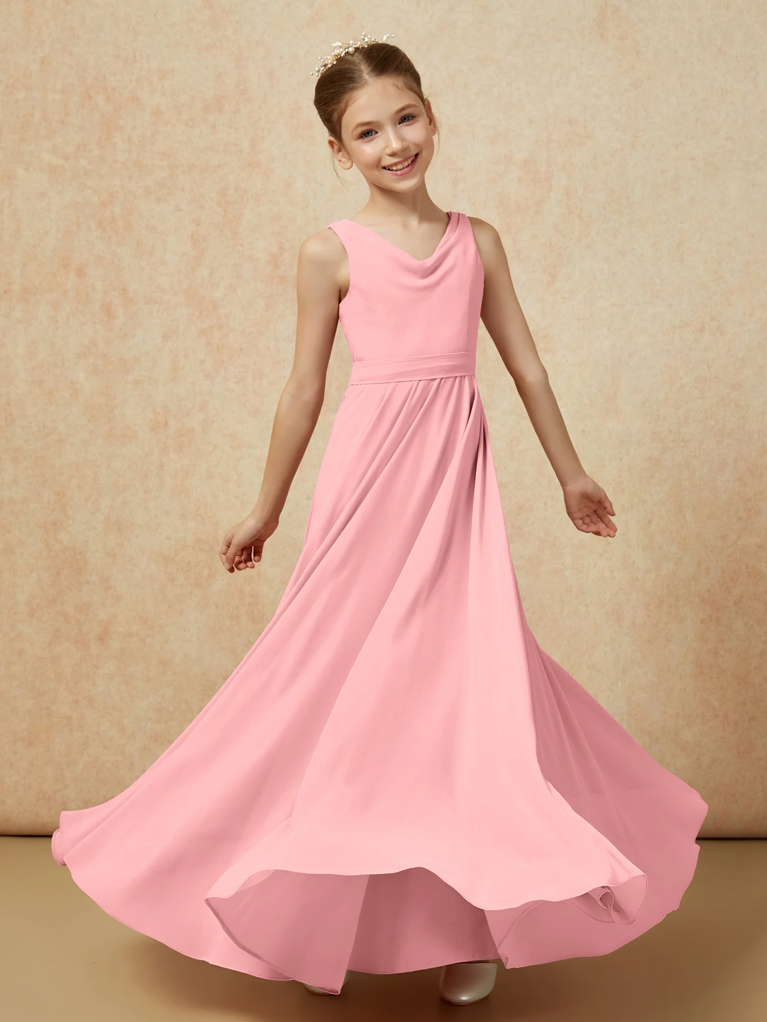 V-neck Chiffon Long Junior Bridesmaid Dress With Belt Flamingo - Image 6