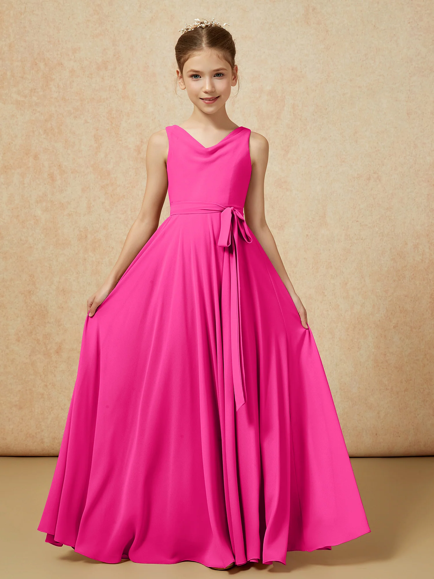 V-neck Chiffon Long Junior Bridesmaid Dress With Belt Fuchsia
