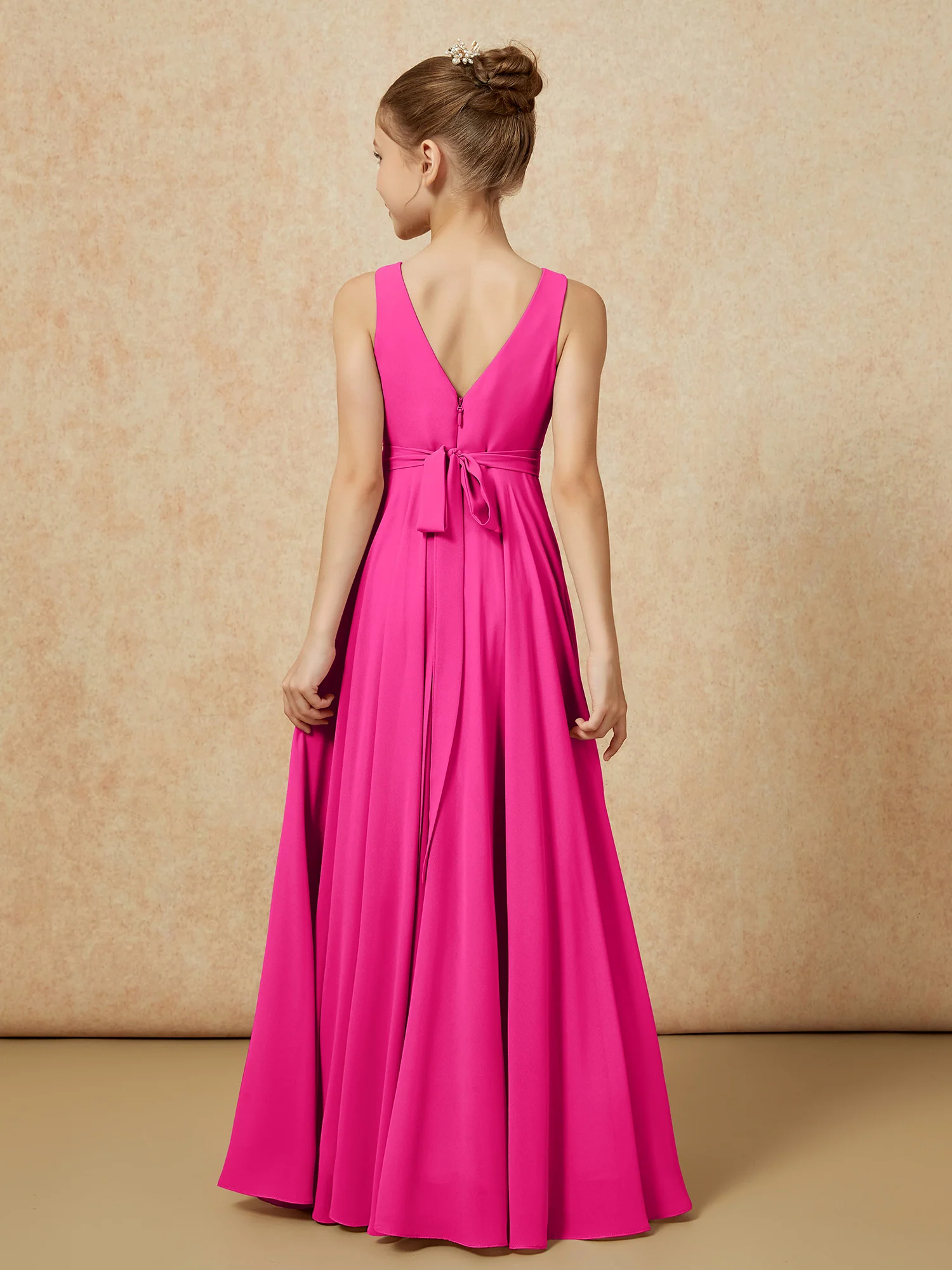 V-neck Chiffon Long Junior Bridesmaid Dress With Belt Fuchsia - Image 2