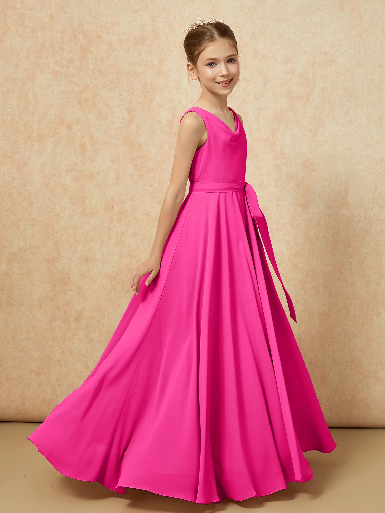 V-neck Chiffon Long Junior Bridesmaid Dress With Belt Fuchsia - Image 3