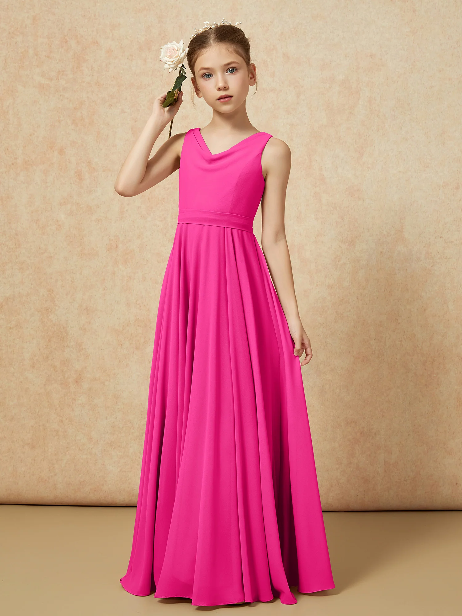 V-neck Chiffon Long Junior Bridesmaid Dress With Belt Fuchsia - Image 4