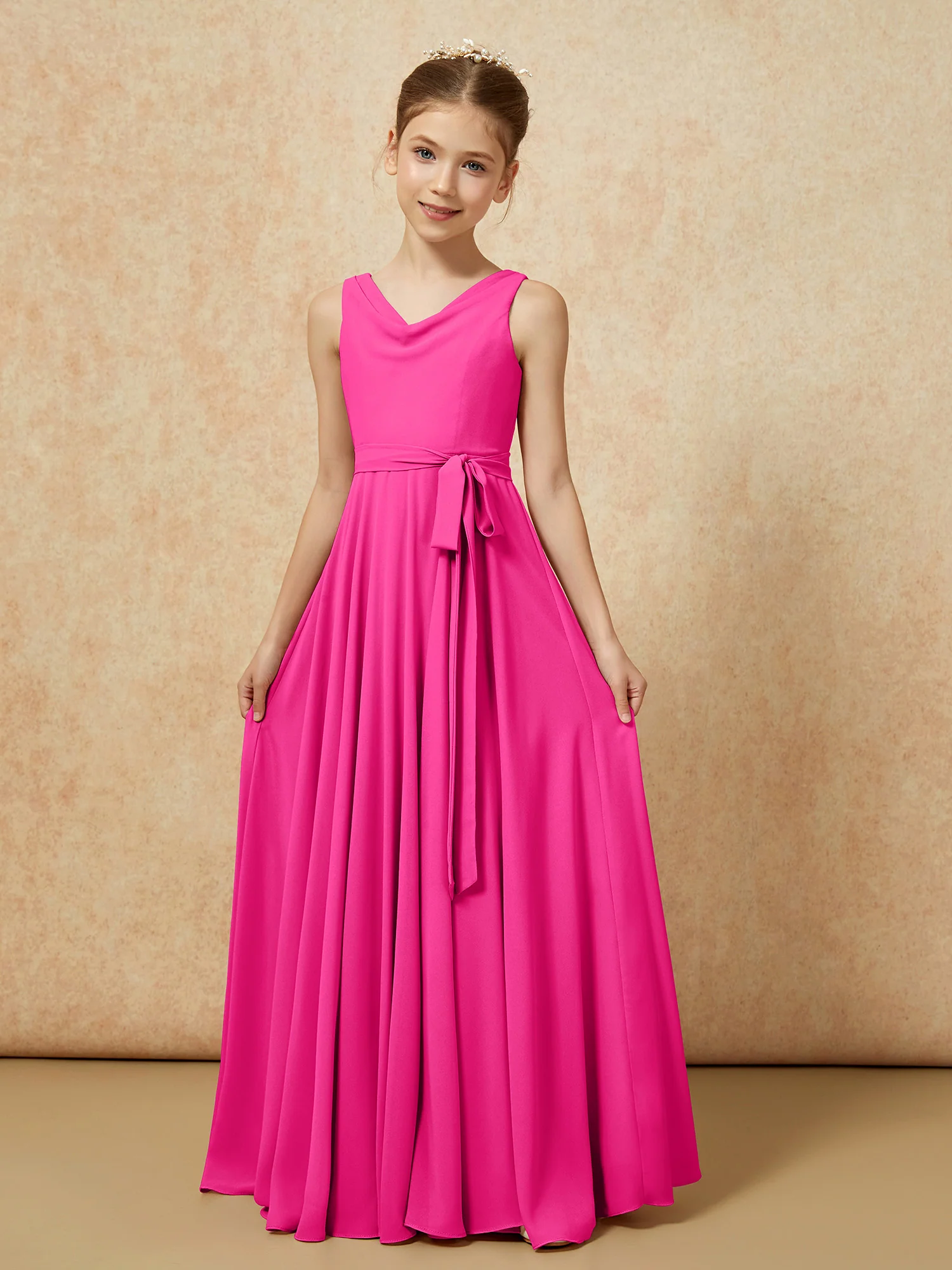 V-neck Chiffon Long Junior Bridesmaid Dress With Belt Fuchsia - Image 5