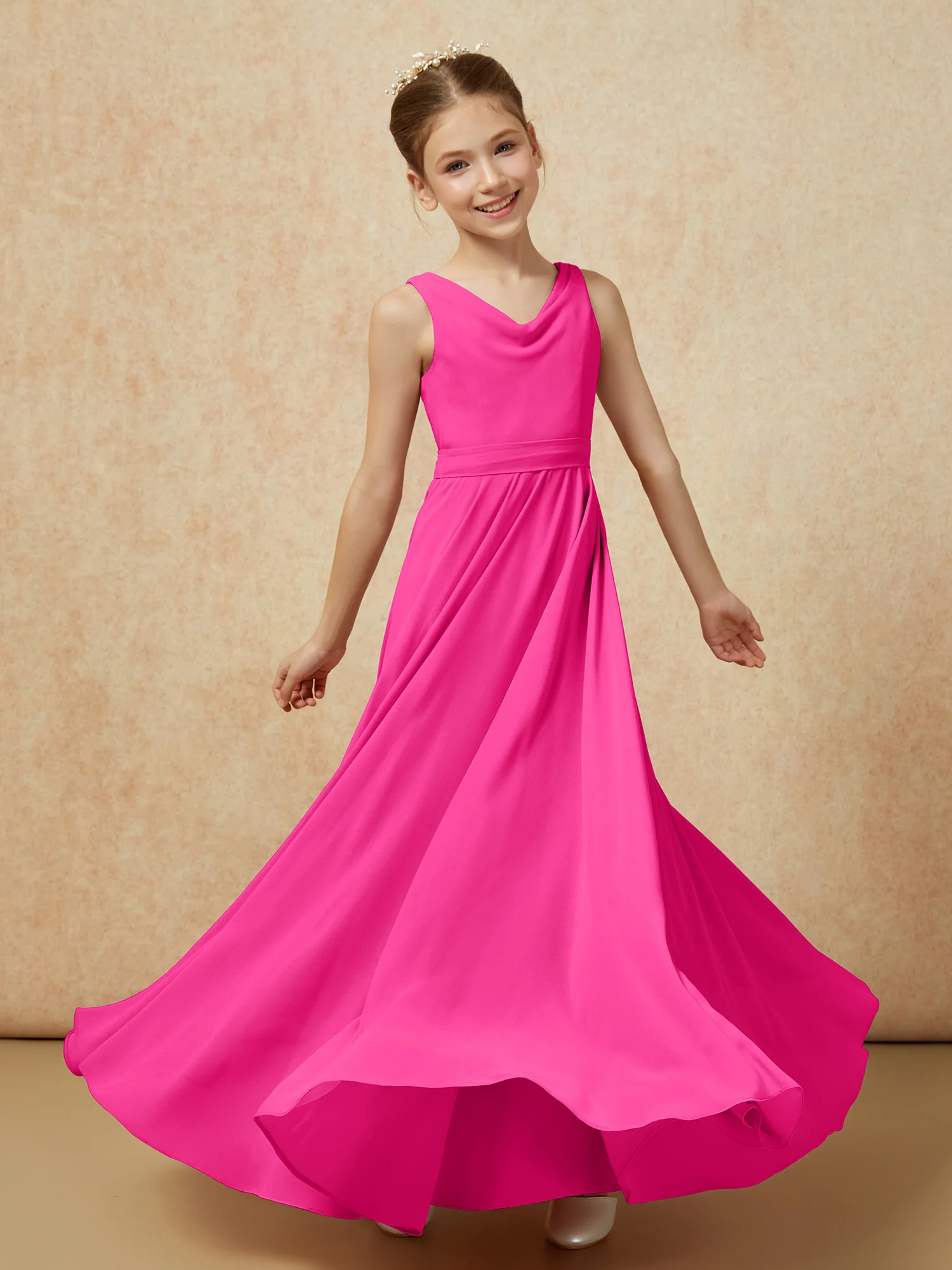 V-neck Chiffon Long Junior Bridesmaid Dress With Belt Fuchsia - Image 6