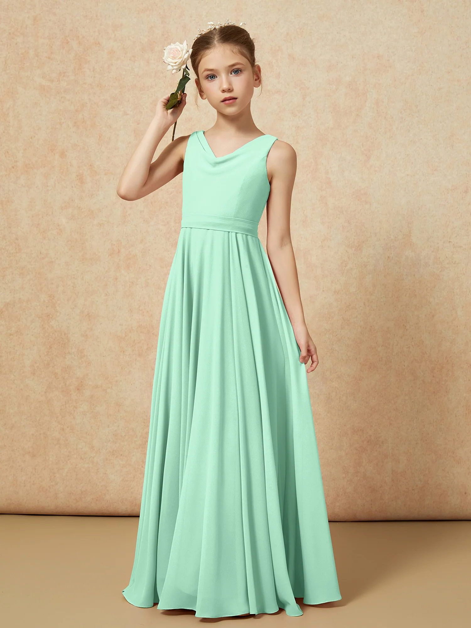V-neck Chiffon Long Junior Bridesmaid Dress With Belt Mint Green - Image 4