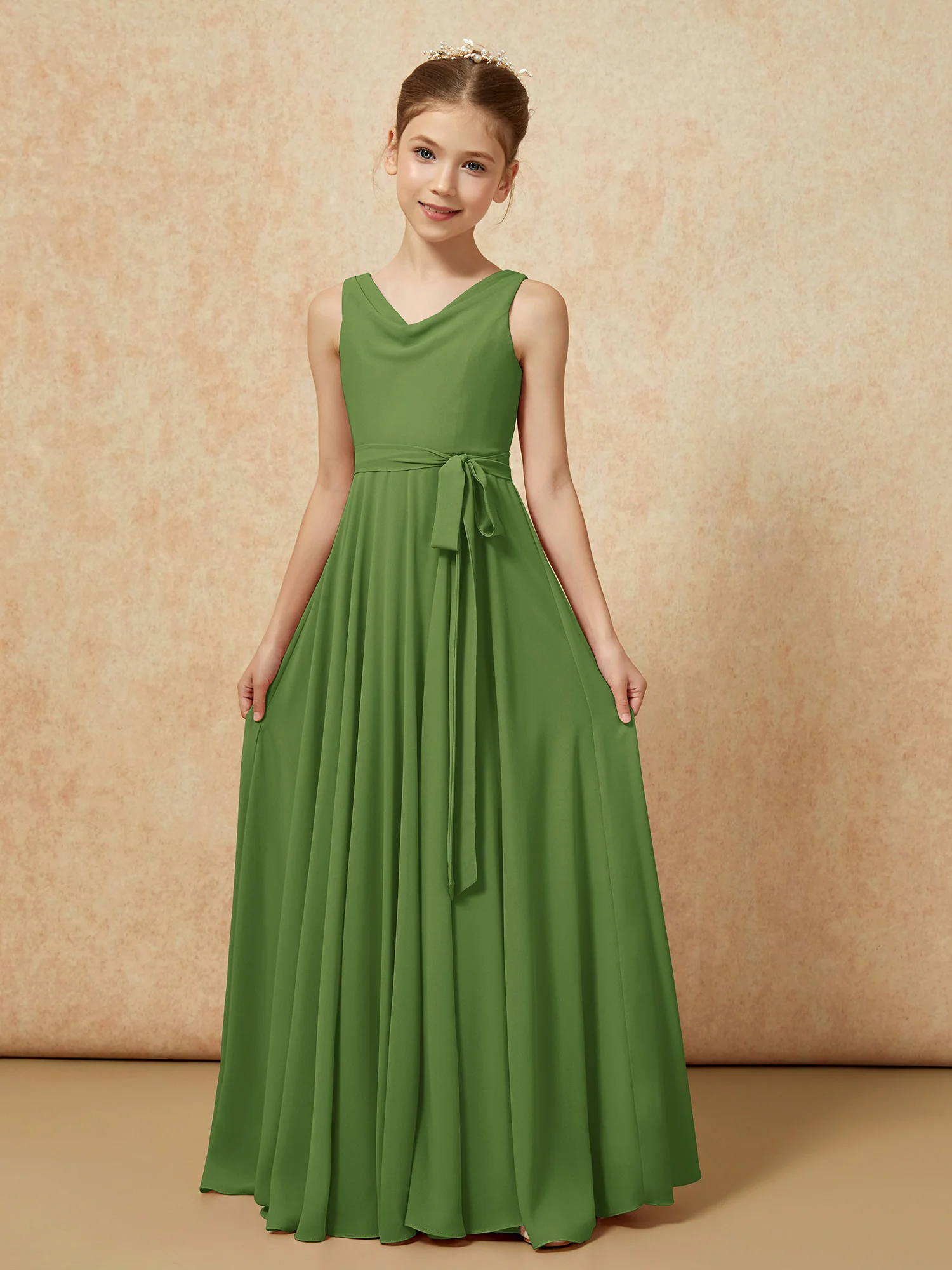 V-neck Chiffon Long Junior Bridesmaid Dress With Belt Moss - Image 5