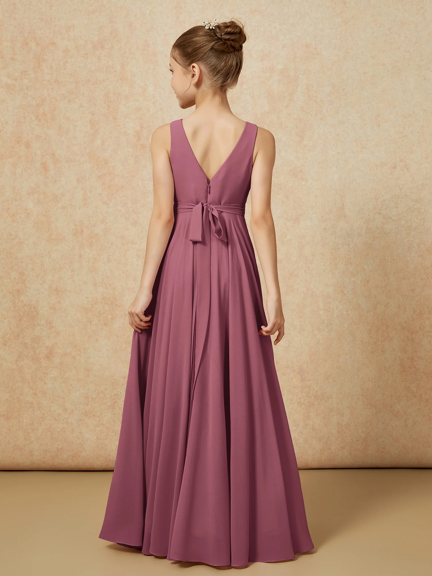 V-neck Chiffon Long Junior Bridesmaid Dress With Belt Mulberry - Image 2