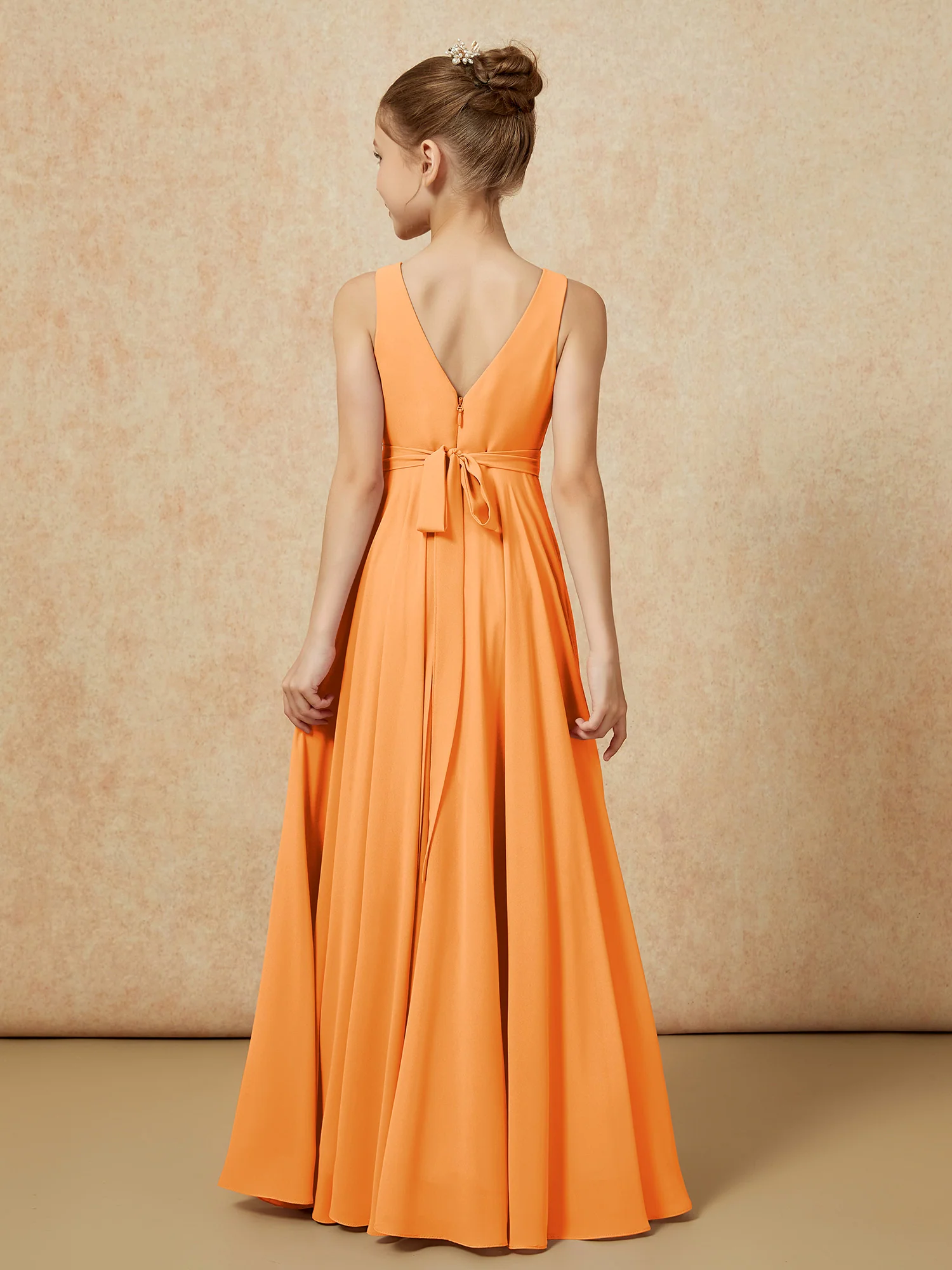V-neck Chiffon Long Junior Bridesmaid Dress With Belt Orange - Image 2