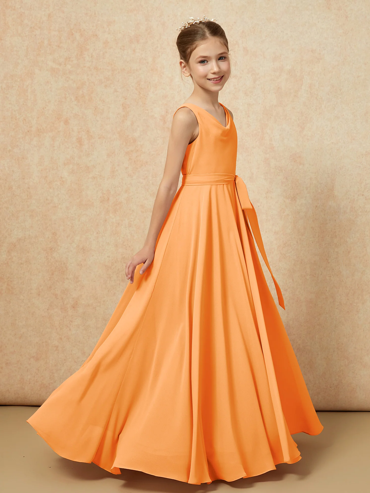V-neck Chiffon Long Junior Bridesmaid Dress With Belt Orange - Image 3