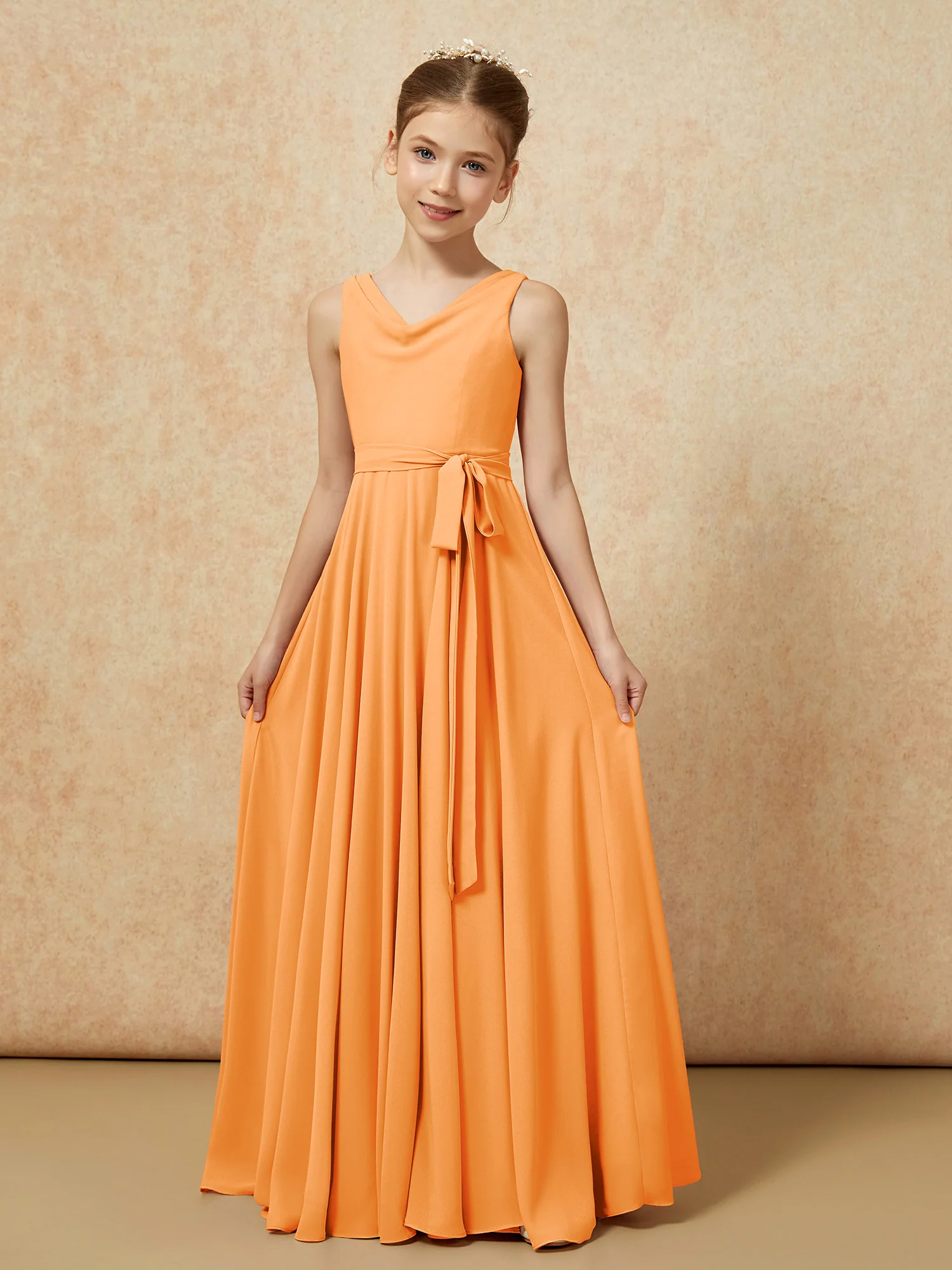 V-neck Chiffon Long Junior Bridesmaid Dress With Belt Orange - Image 5