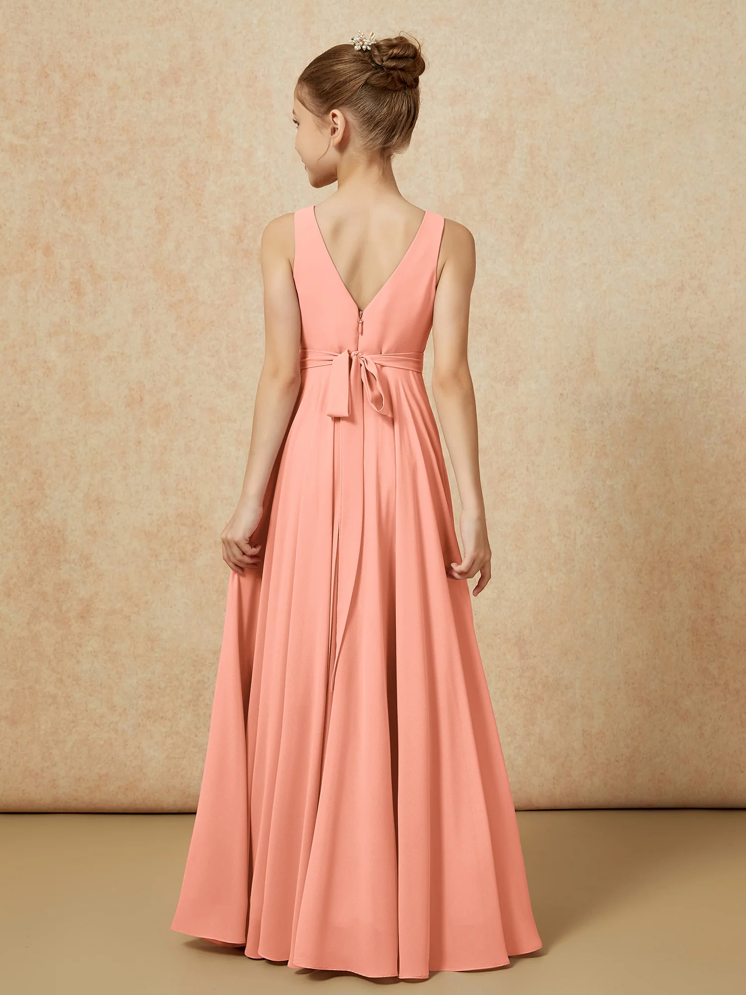 V-neck Chiffon Long Junior Bridesmaid Dress With Belt Papaya - Image 2