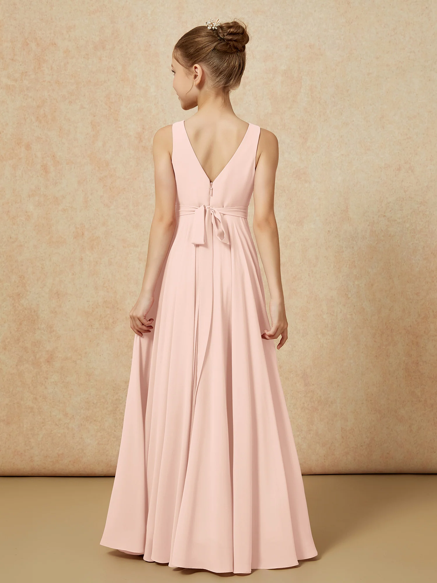 V-neck Chiffon Long Junior Bridesmaid Dress With Belt Pearl Pink - Image 2