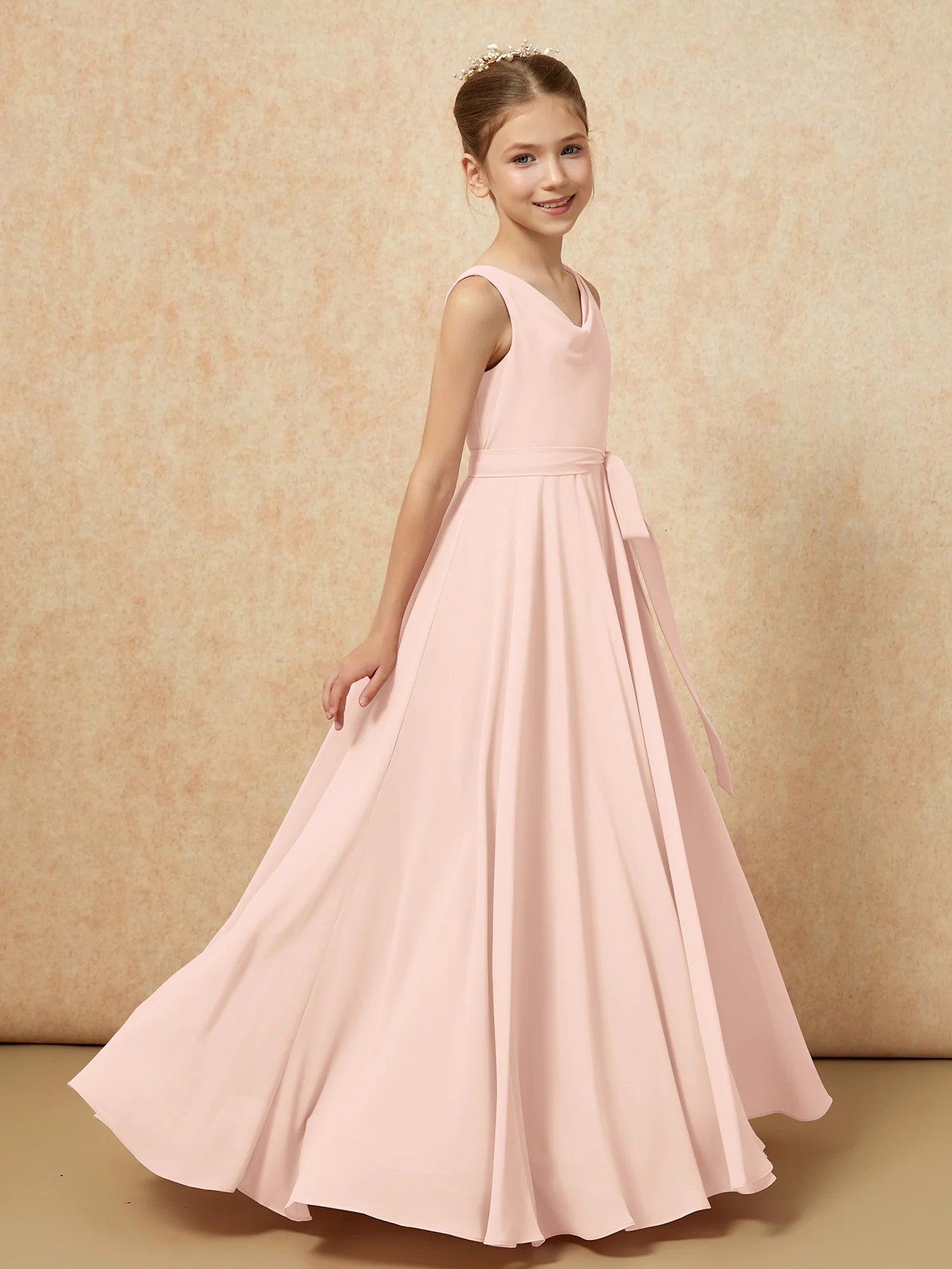 V-neck Chiffon Long Junior Bridesmaid Dress With Belt Pearl Pink - Image 3