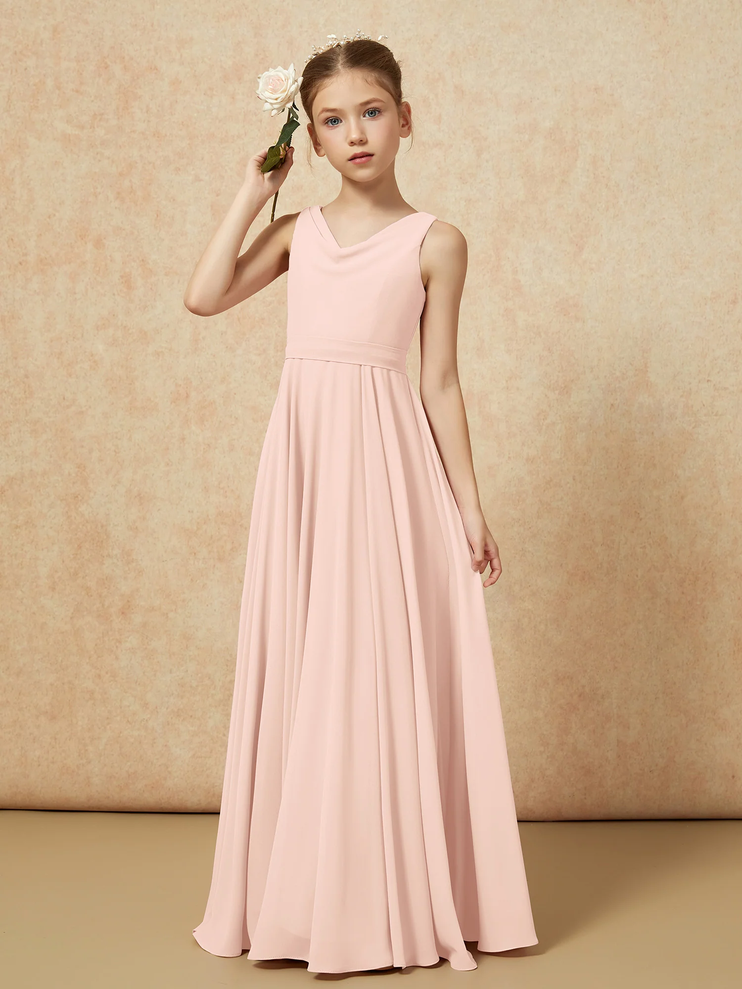 V-neck Chiffon Long Junior Bridesmaid Dress With Belt Pearl Pink - Image 4