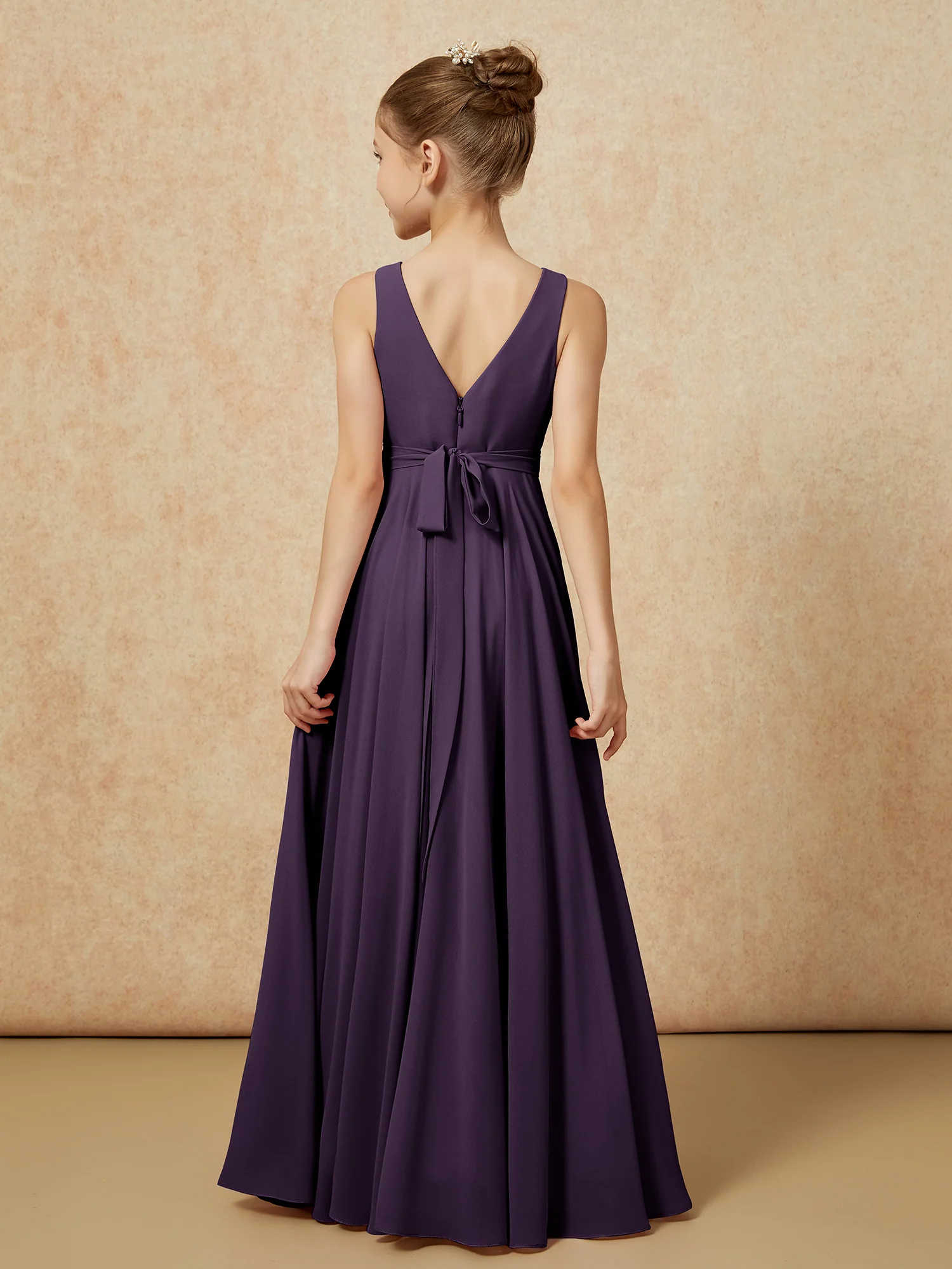 V-neck Chiffon Long Junior Bridesmaid Dress With Belt Plum - Image 2