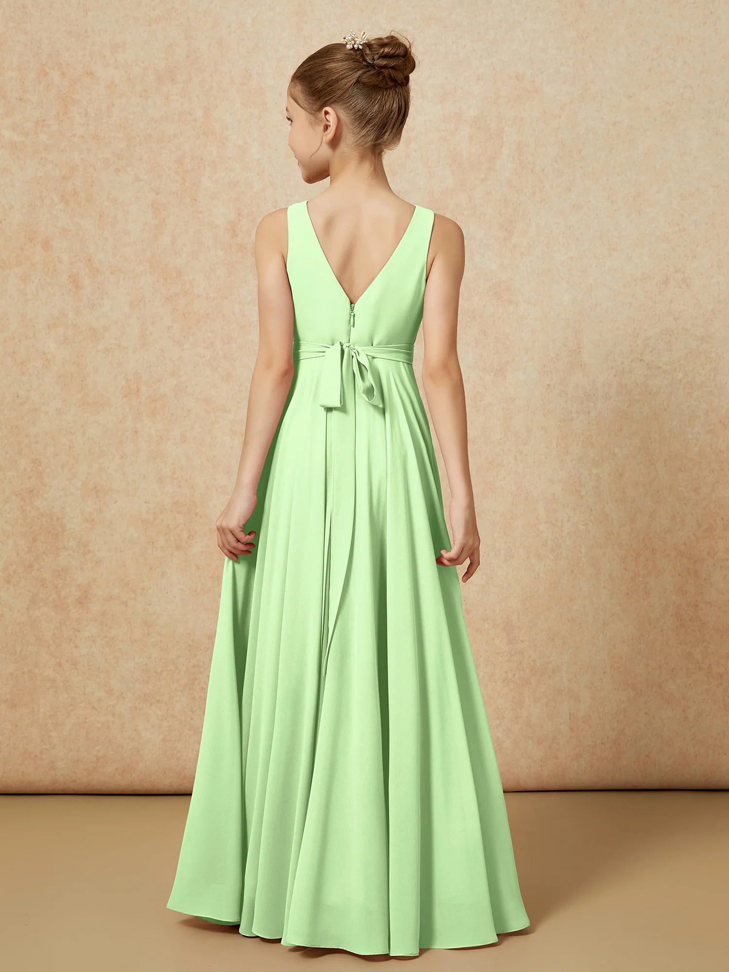 V-neck Chiffon Long Junior Bridesmaid Dress With Belt Sage - Image 2