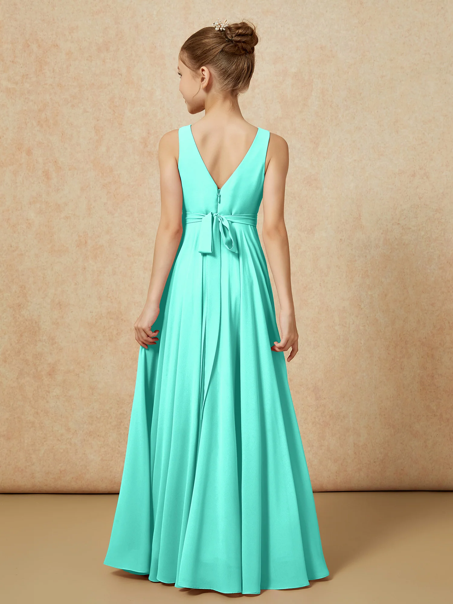V-neck Chiffon Long Junior Bridesmaid Dress With Belt Spa - Image 2