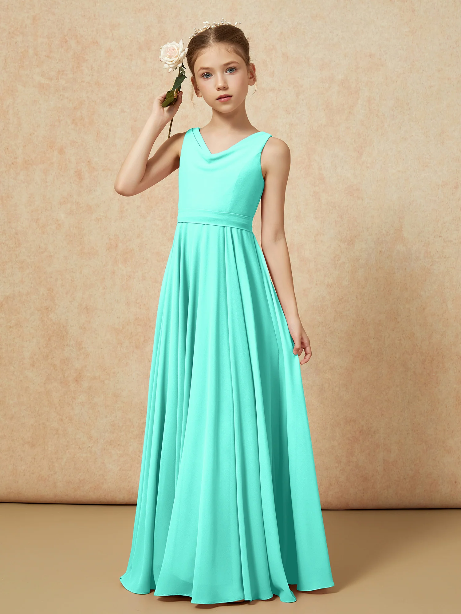 V-neck Chiffon Long Junior Bridesmaid Dress With Belt Spa - Image 4