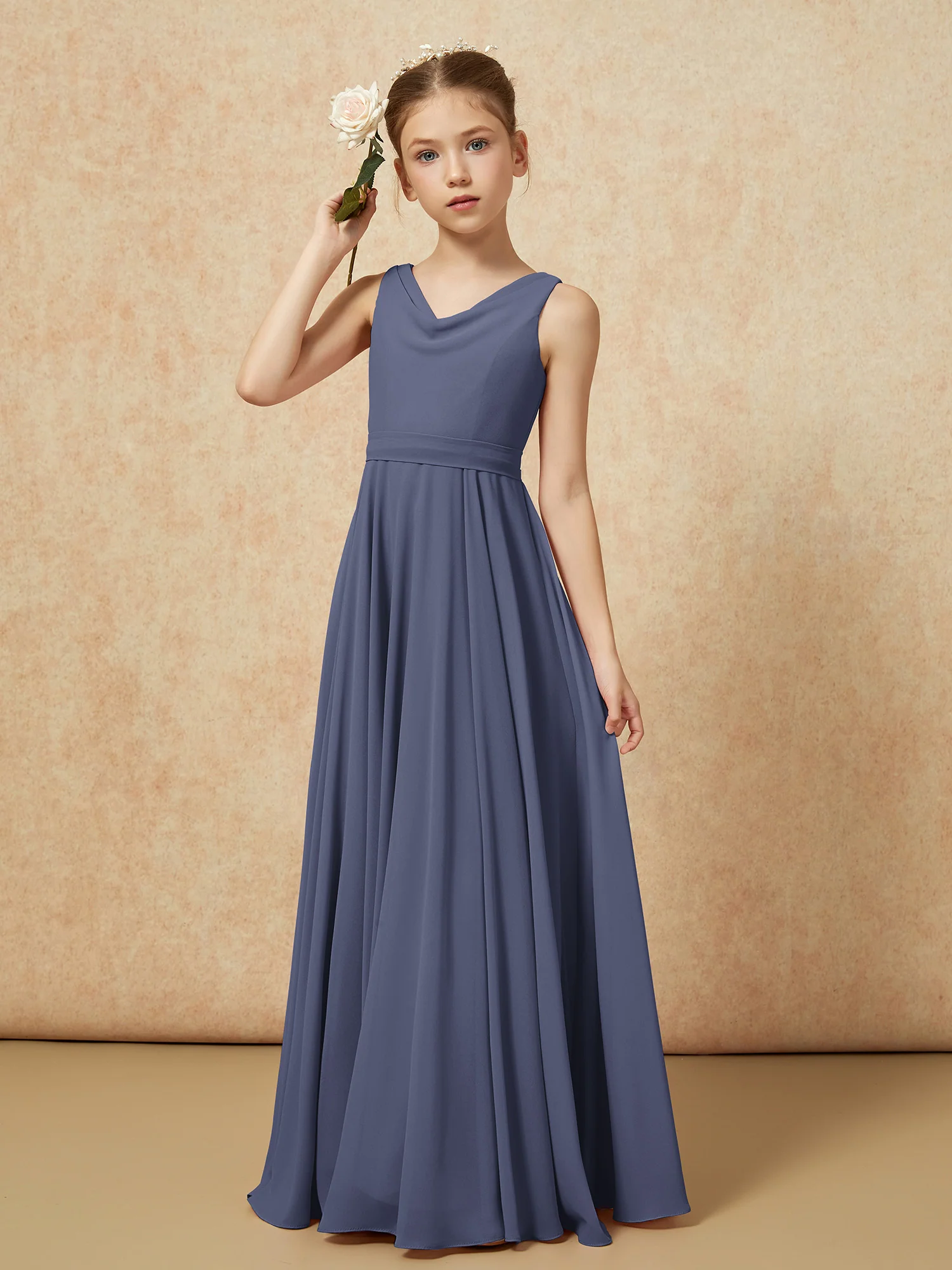 V-neck Chiffon Long Junior Bridesmaid Dress With Belt Stormy - Image 4