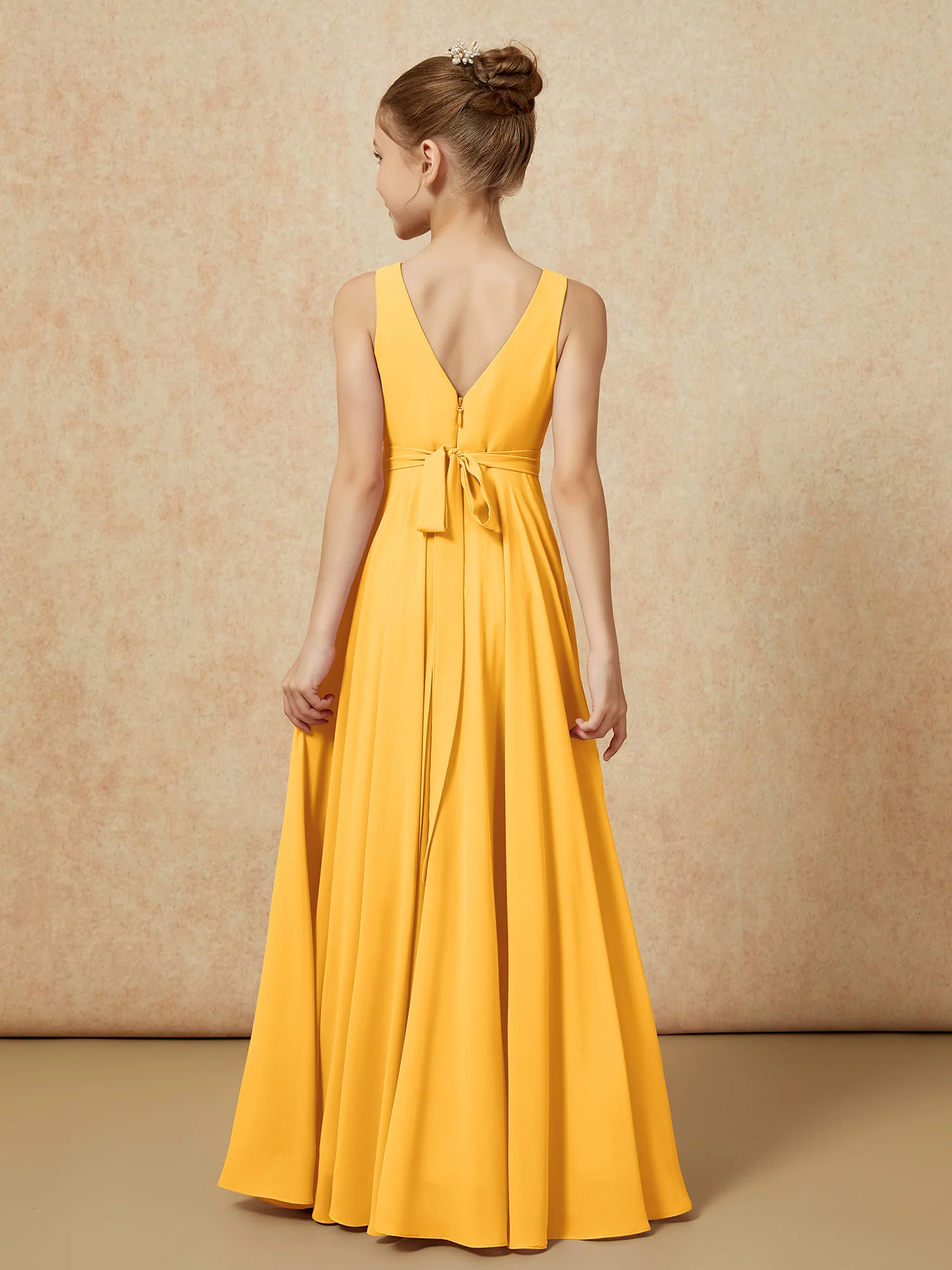 V-neck Chiffon Long Junior Bridesmaid Dress With Belt Tangerine - Image 2