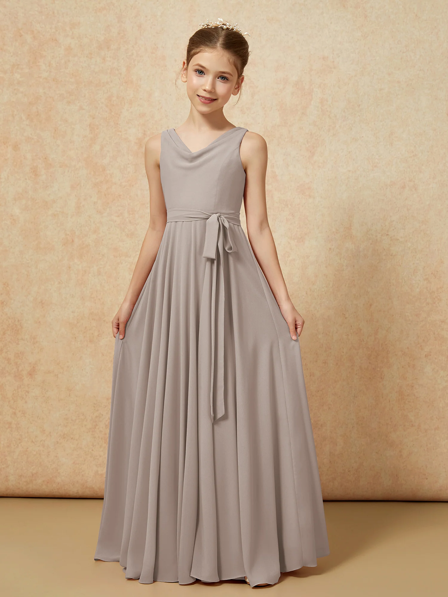 V-neck Chiffon Long Junior Bridesmaid Dress With Belt Taupe - Image 5