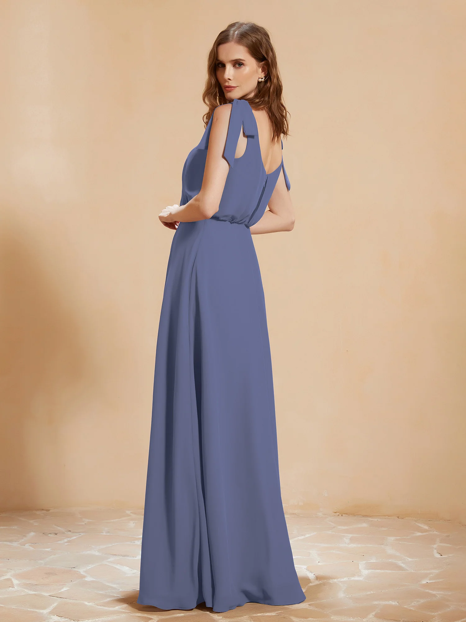 V-neck Floor-length Chiffon Dress With Silt Periwinkle - Image 2